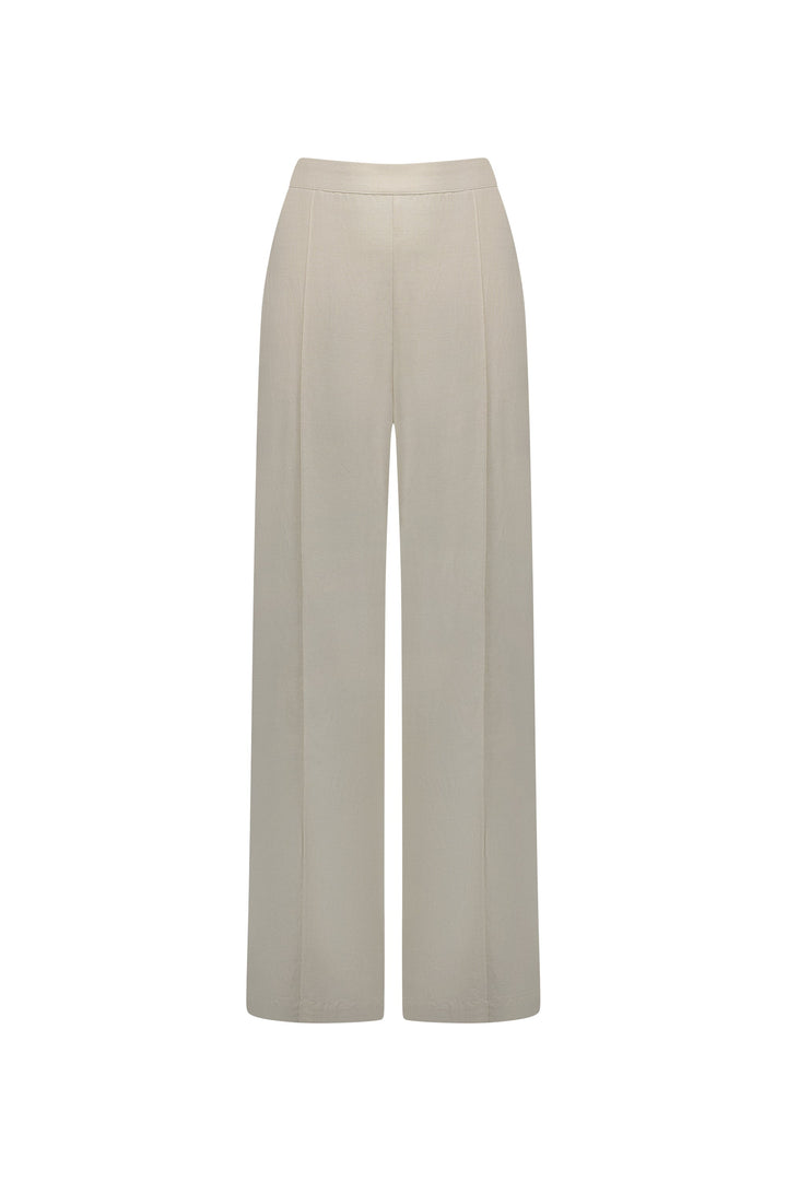 5017 Natural - Wide Leg Full Length Pant with Elastic Back Waistband - Vassalli