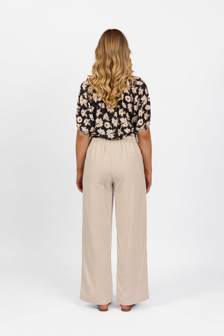 5017 Natural - Wide Leg Full Length Pant with Elastic Back Waistband - Vassalli