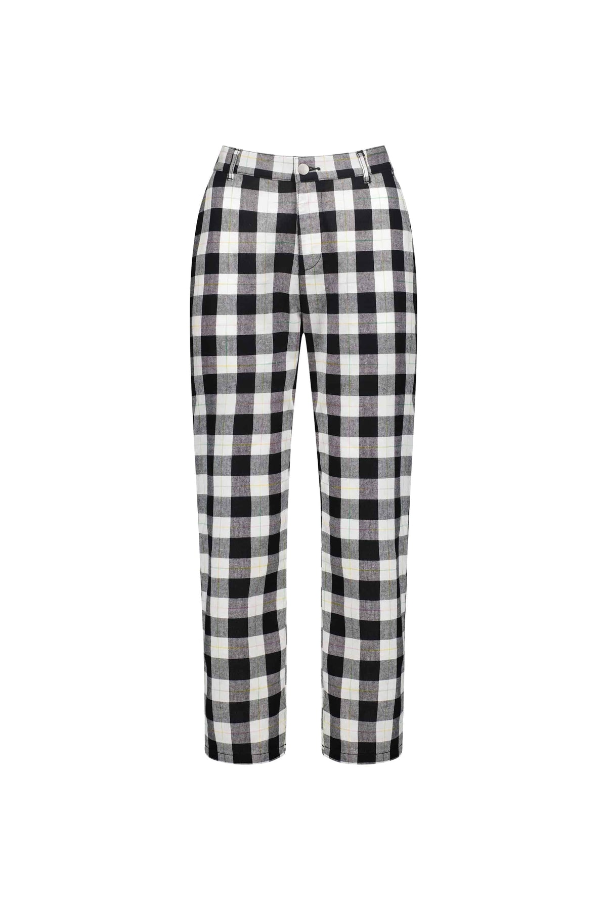 The Vassalli 7/8 Pant in Rainbow Check features a black and white checkered pattern, belt loops, and front pockets, displayed on a white background.