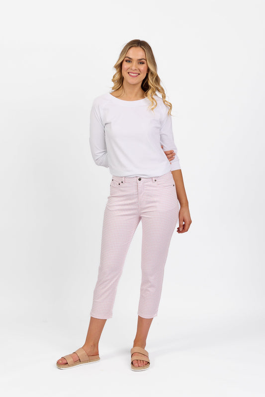 5509LW Pink Gingham - Printed Lightweight Skinny Leg 7/8 Length Pant with Fly - Vassalli