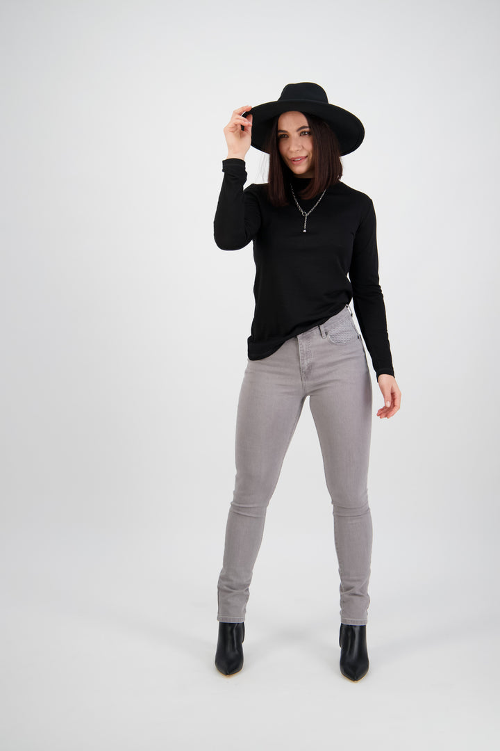5535 Light Grey - Skinny Leg Full Length Basket Weave Jean - Vassalli