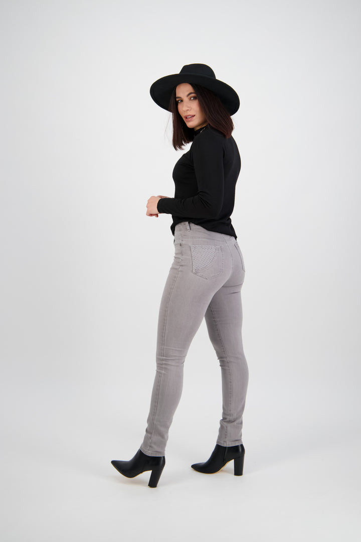 5535 Light Grey - Skinny Leg Full Length Basket Weave Jean - Vassalli