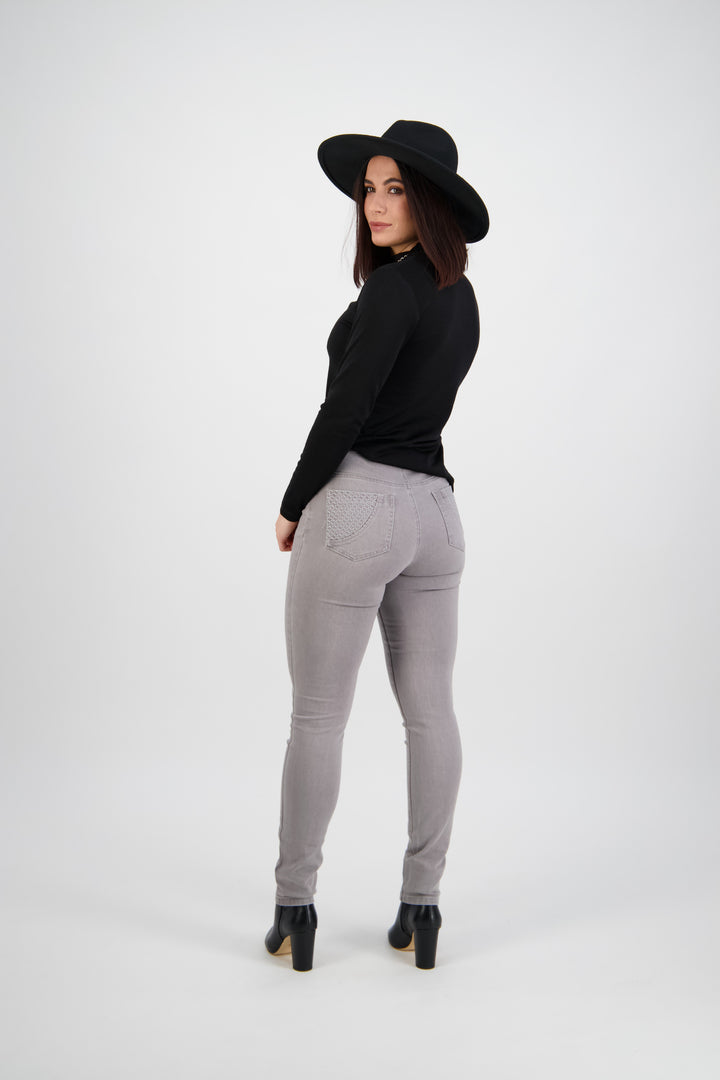 5535 Light Grey - Skinny Leg Full Length Basket Weave Jean - Vassalli
