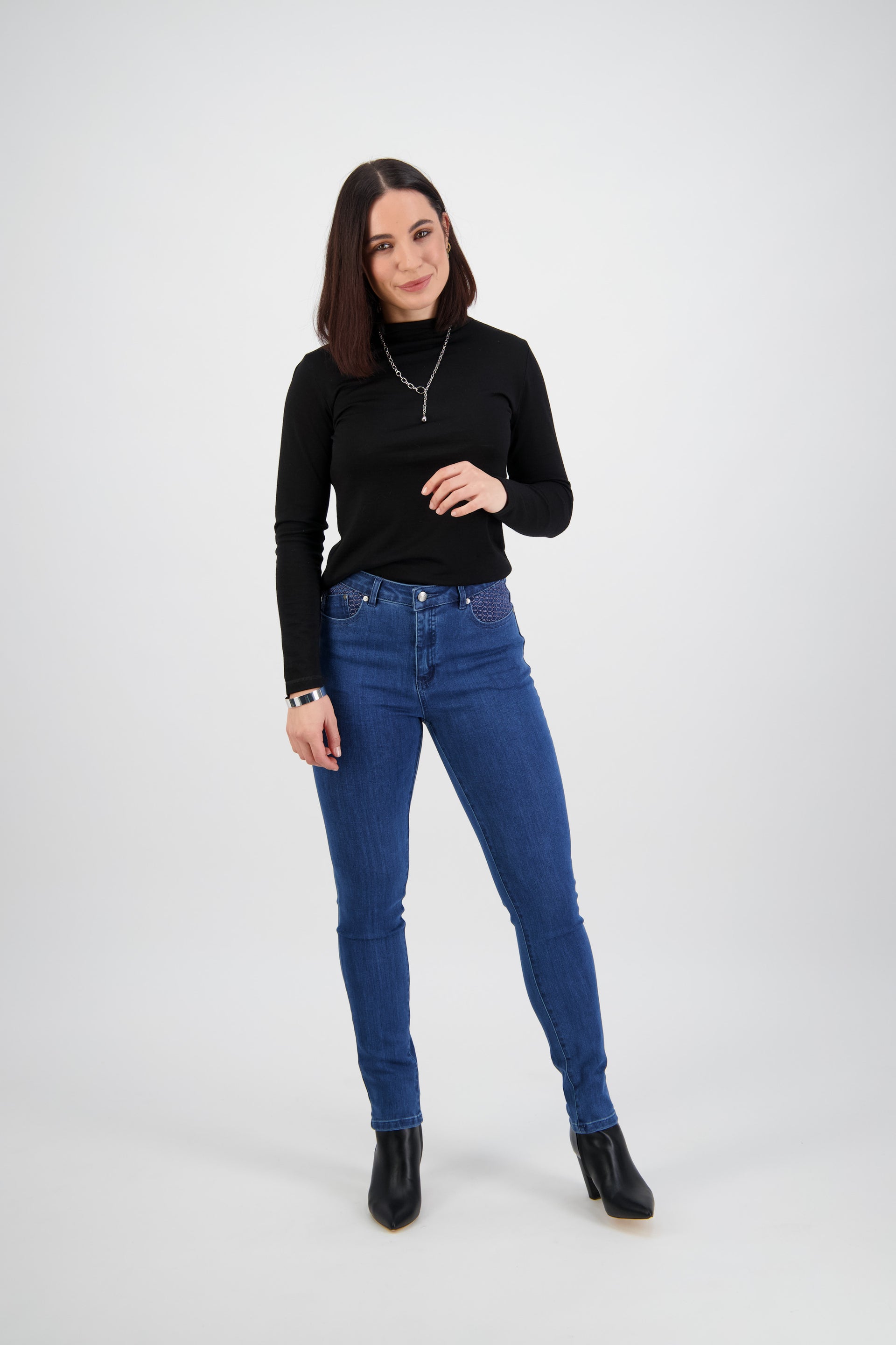 5535 Plain New Blue - Skinny Leg Full Length Basket Weave Jean - Vassalli