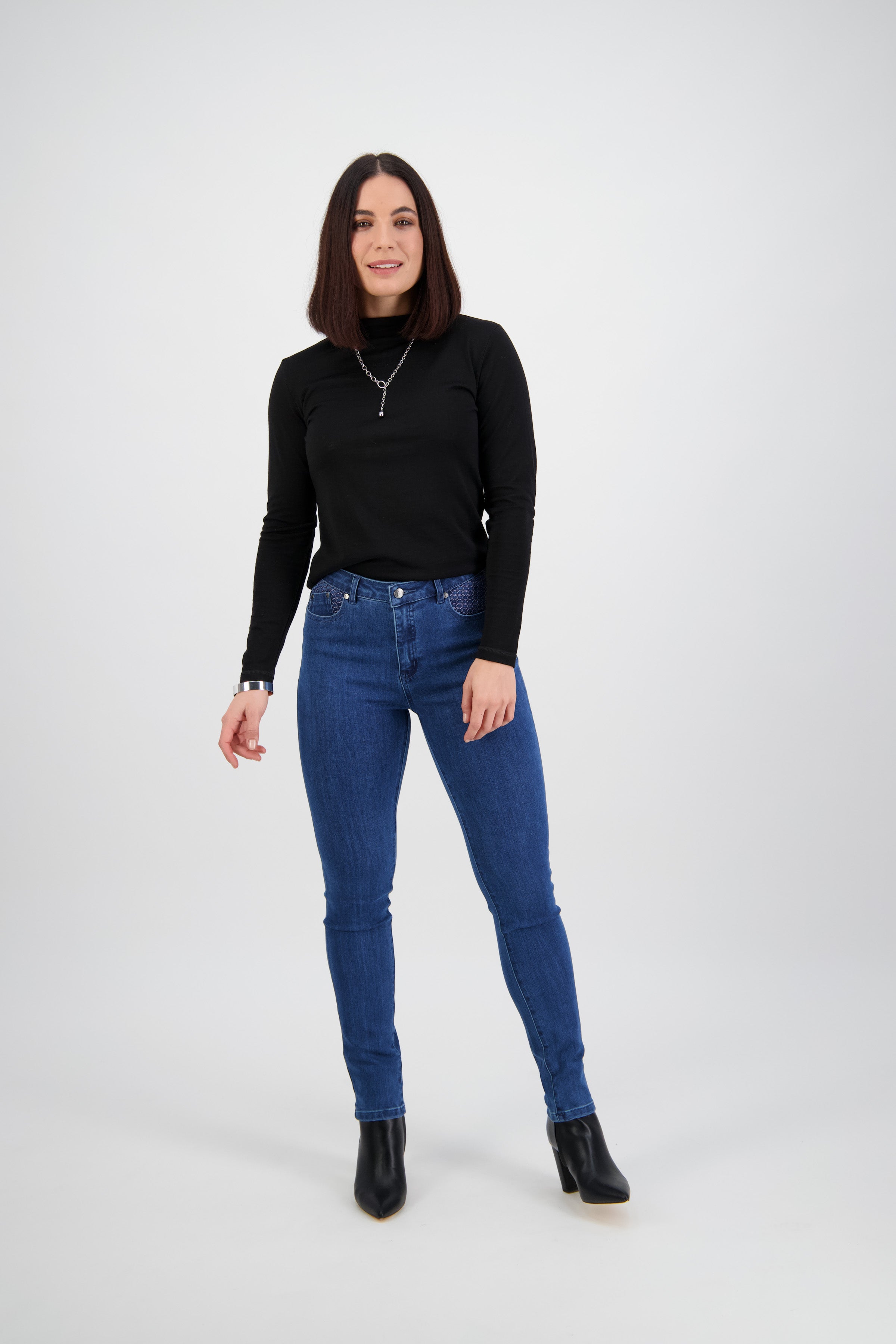 5535 Plain New Blue - Skinny Leg Full Length Basket Weave Jean - Vassalli
