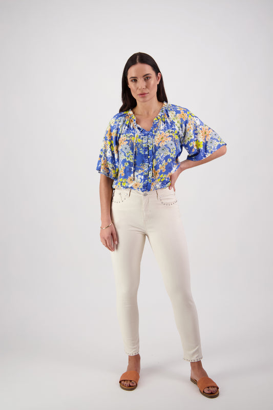 5744SH Ecru - Skinny Leg Ankle Grazer Jean with Studs - Vassalli