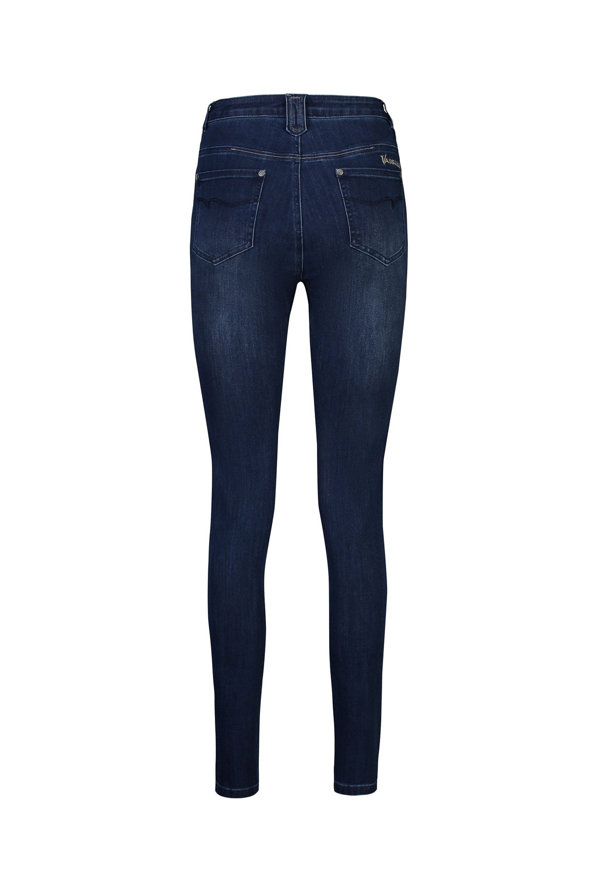 The Vassalli Skinny Leg Jean in Blue Denim is shown from the back on a white background, featuring two back pockets, subtle stitching, and a flattering high rise for a modern silhouette.