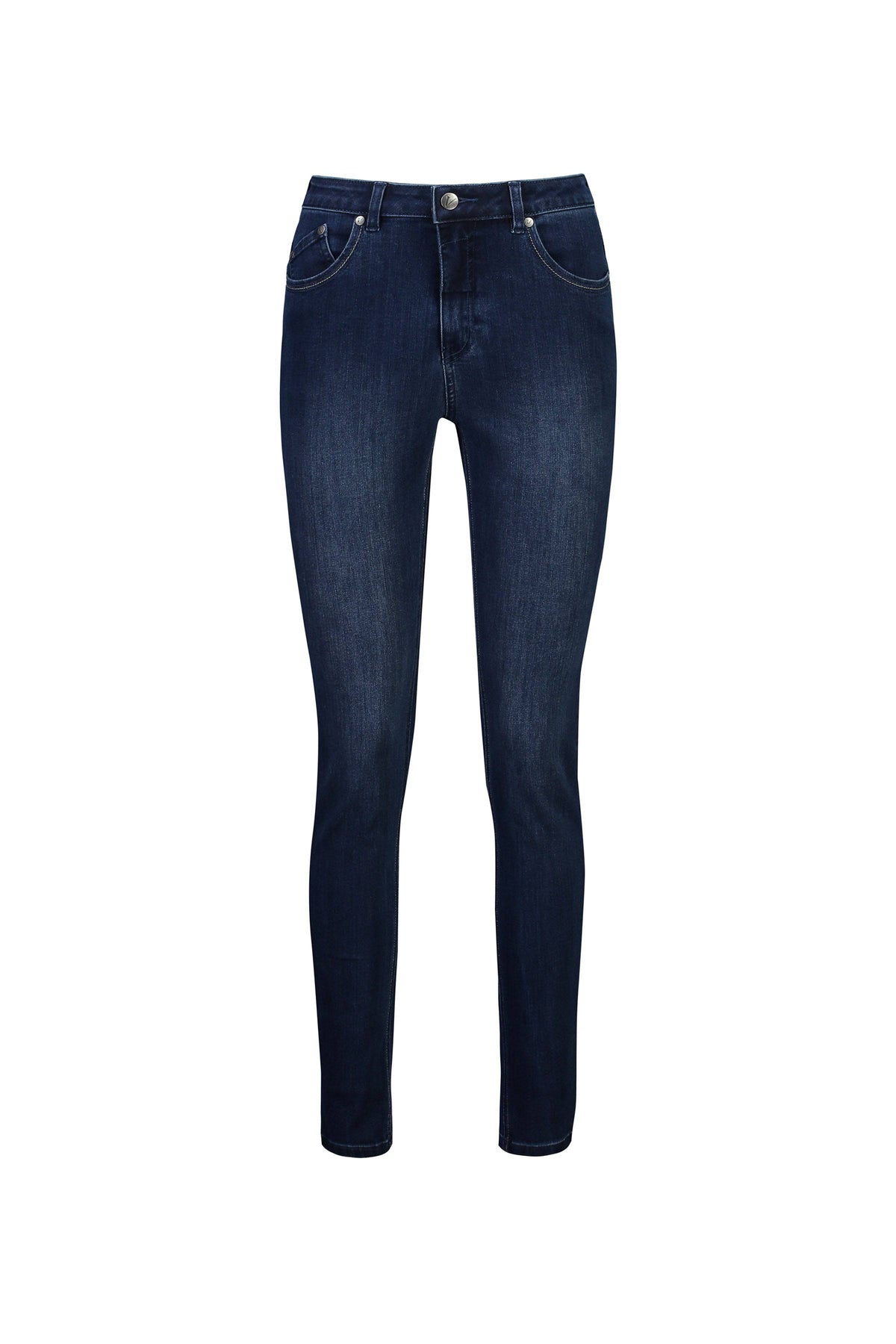Vassalli Skinny Leg Jean in Blue Denim features a mid-rise waist, front and back pockets, plus button and zipper closure, shown on a plain white background.