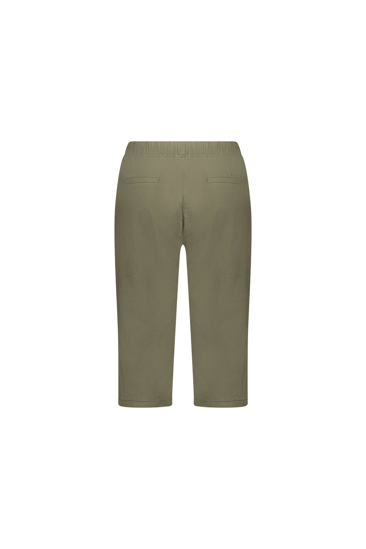 The Vassalli Drew 3/4 Pant in Army is a knee-length, stretch cotton short featuring an elastic waistband and two back welt pockets, displayed from the back on a white background.