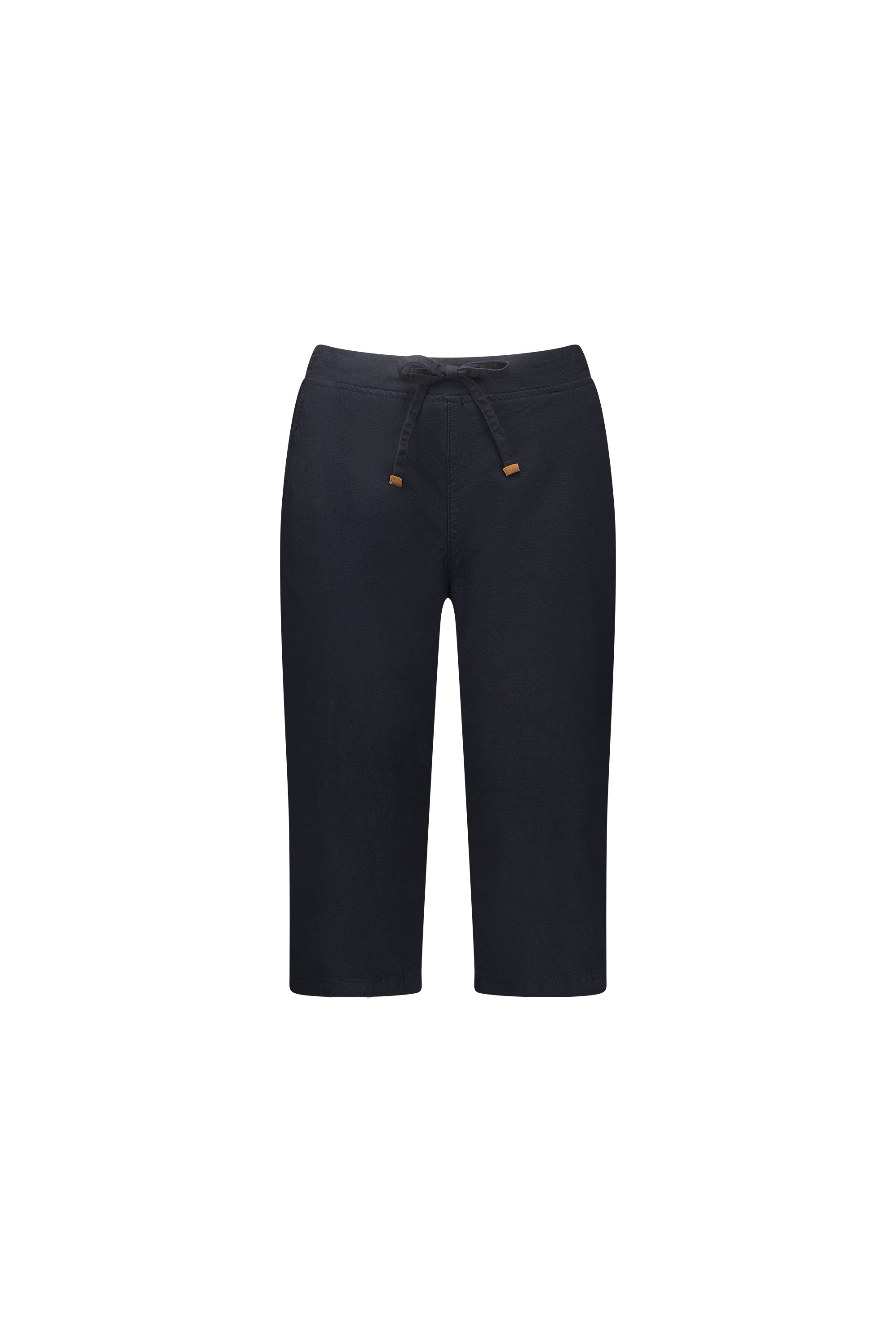 The Vassalli Drew 3/4 Pant in black features knee-length stretch cotton-viscose, a drawstring waistband, and wooden bead accents, shown against a white background.