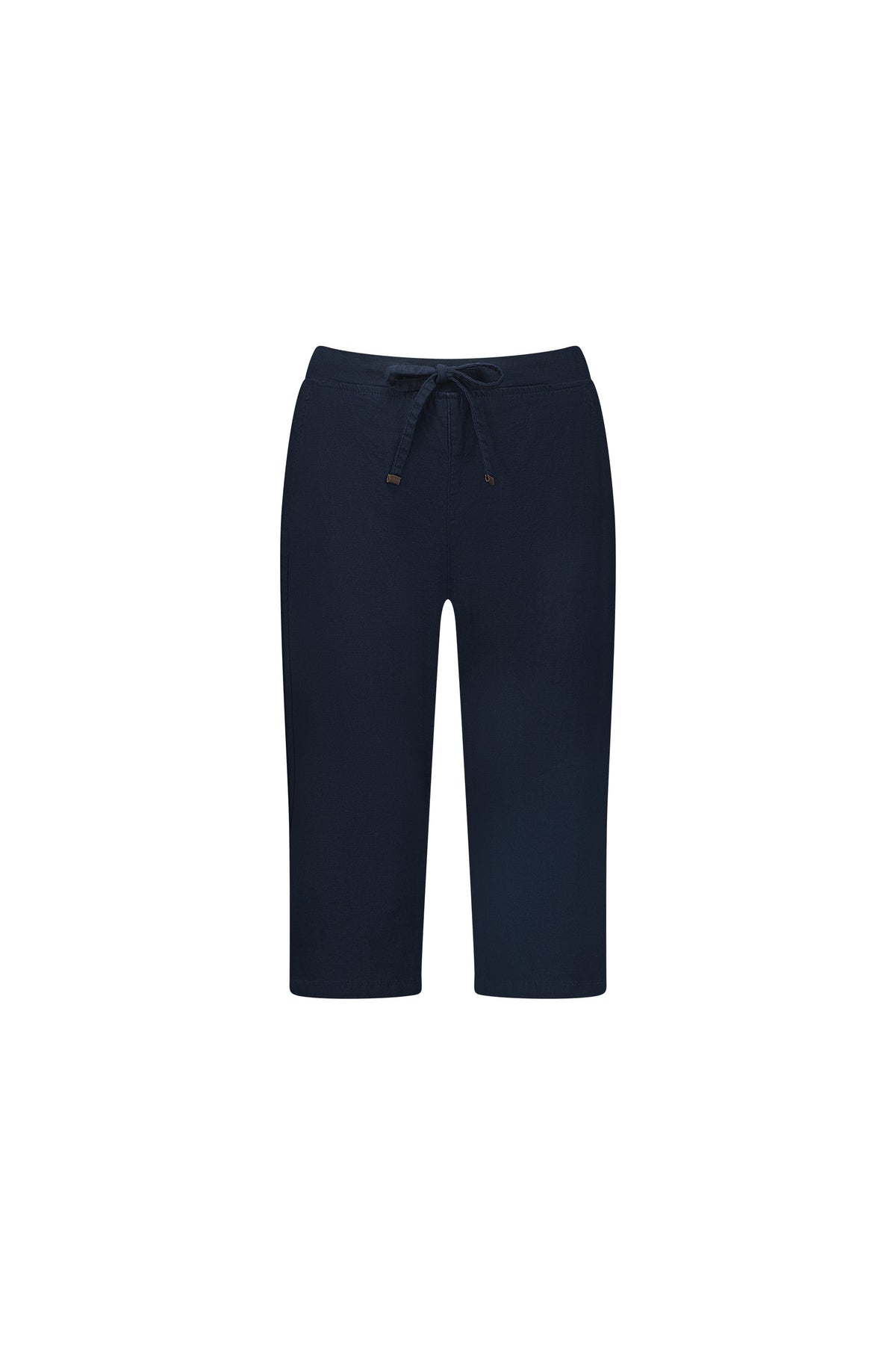 The Vassalli Drew 3/4 Pant in Ink is a navy blue, knee-length casual pant made from stretch cotton with an elastic waistband and drawstring, shown against a plain white background.