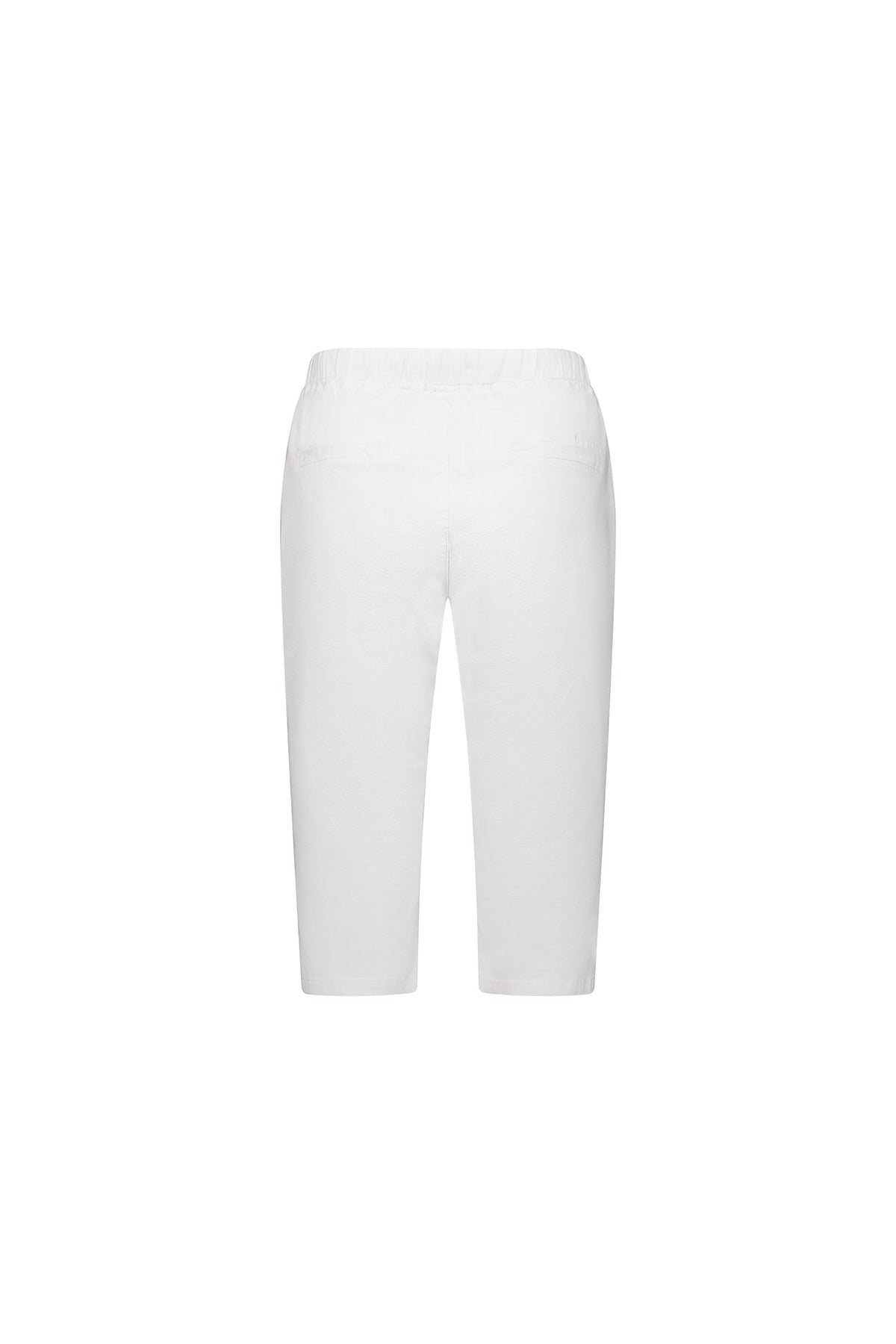 Back view of Vassalli Drew 3/4 Pant in white, featuring an elastic waistband and comfortable stretch cotton, displayed against a plain white background.