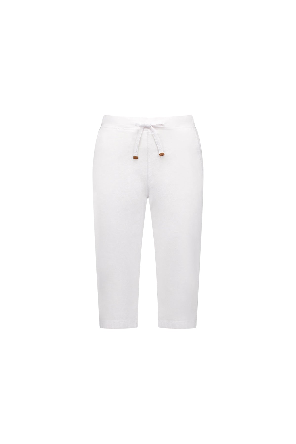 The Vassalli Drew 3/4 Pant in white features a relaxed fit in stretch cotton, an elastic drawstring waistband, and side pockets. Shown on a plain white background with no visible patterns or logos.