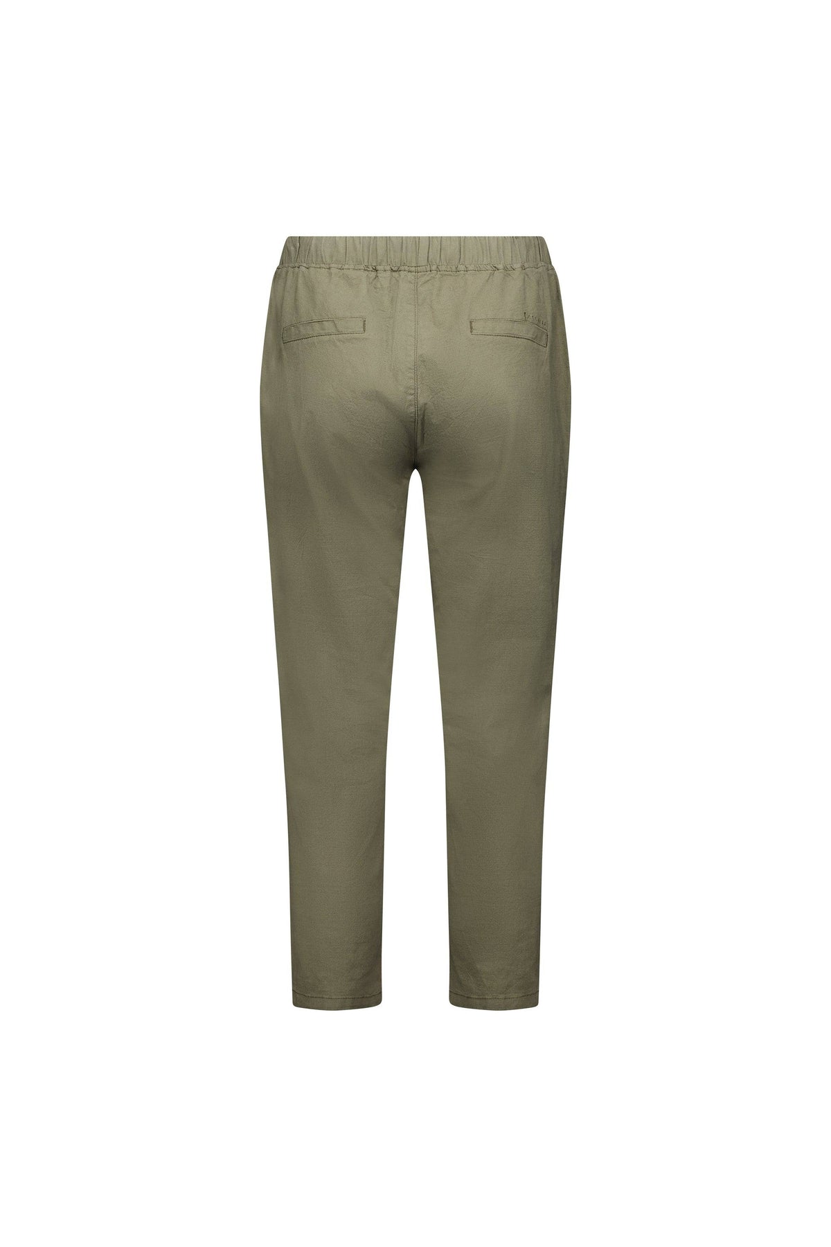 The Vassalli Denver 7/8 Pant in army green is shown from the back, featuring an elastic waistband and two back welt pockets. Made from a comfortable cotton blend and displayed against a white background.