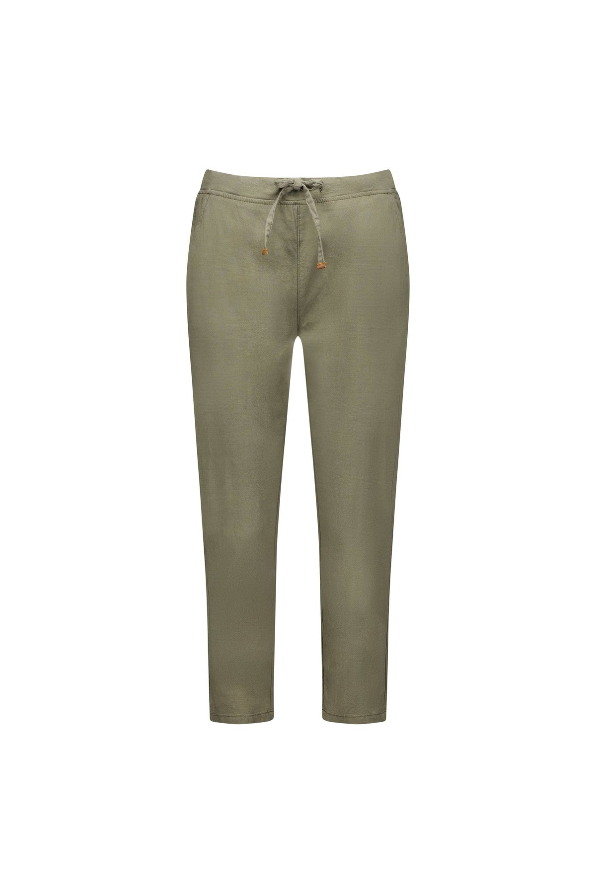 The Vassalli Denver 7/8 Pant in light army green features a straight-leg cut, soft cotton blend fabric, drawstring waist, and side pockets, shown against a plain white background.