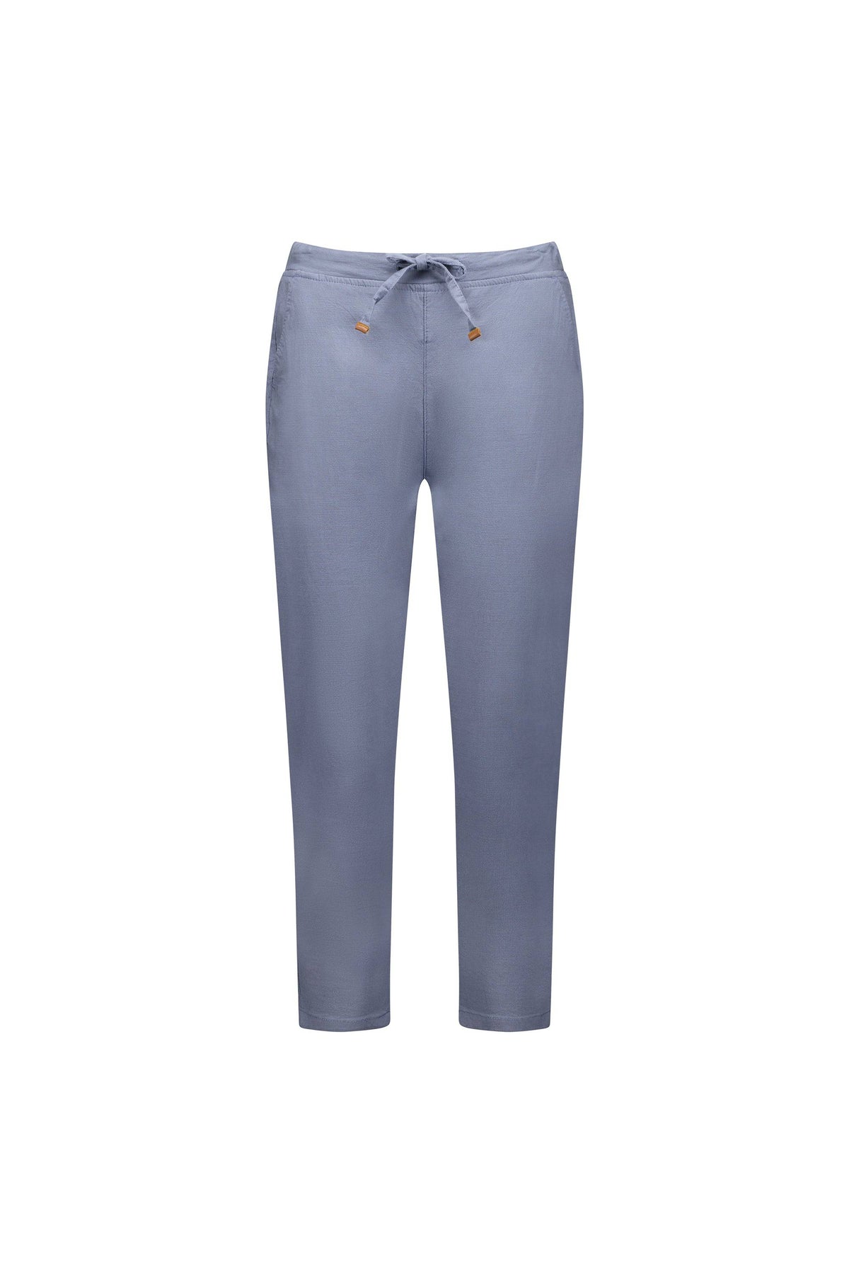The Vassalli Denver 7/8 Pant - Atlantic features a skinny, tapered fit with an elastic waist, side pockets, and metal-detailed drawstrings. Crafted from stretch fabric and shown against a white background.
