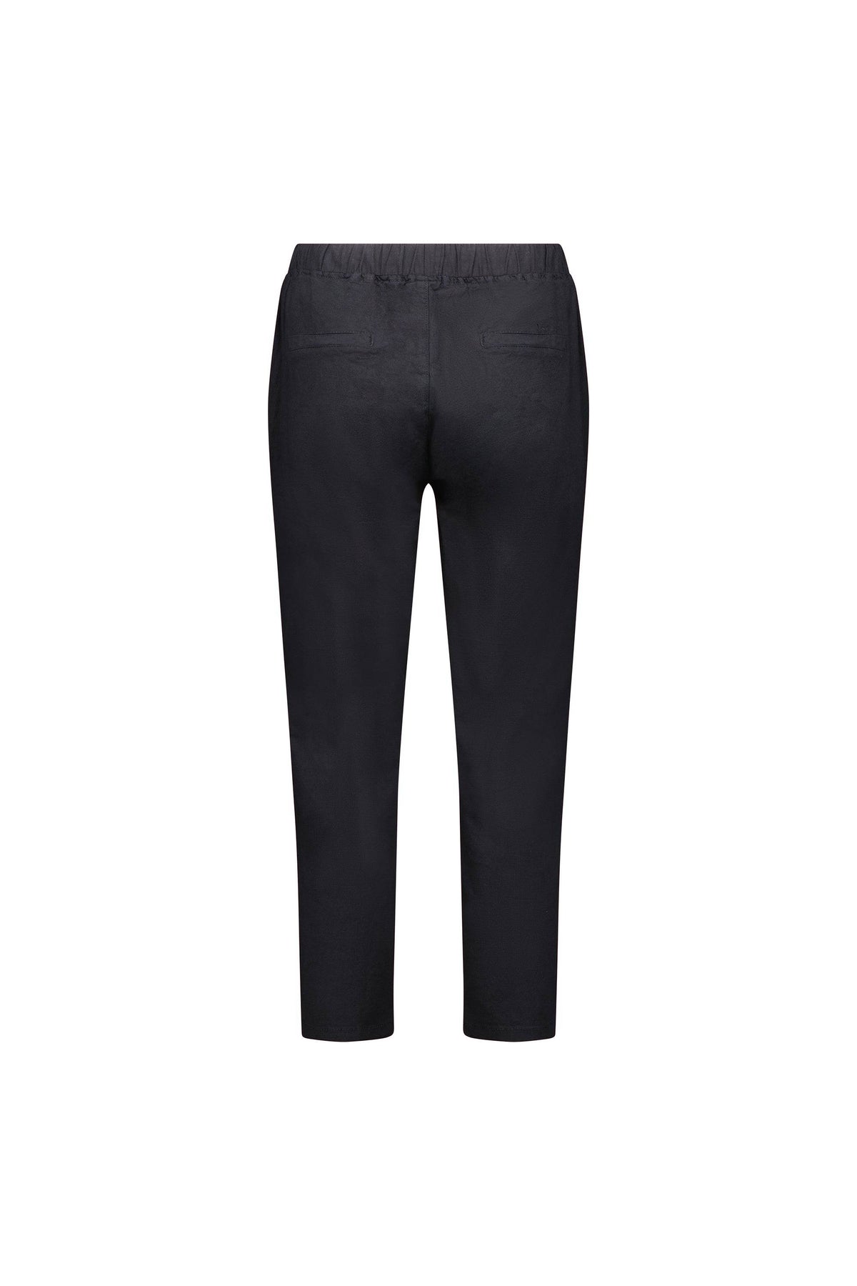 Back view of Vassalli Denver 7/8 Pant in black, featuring a straight-leg cut, soft cotton-blend fabric, elastic waistband, and two back welt pockets, displayed on a white background.