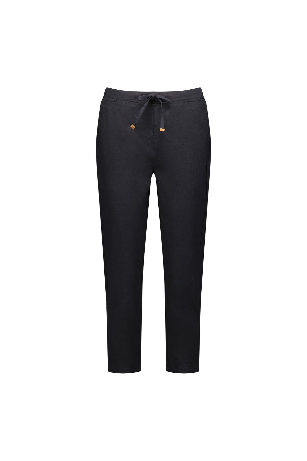 The Vassalli Denver 7/8 Pant in black is shown against a white background. These cotton blend pants have a relaxed fit, slightly tapered legs, and an elastic waistband with drawstring for adjustable comfort.