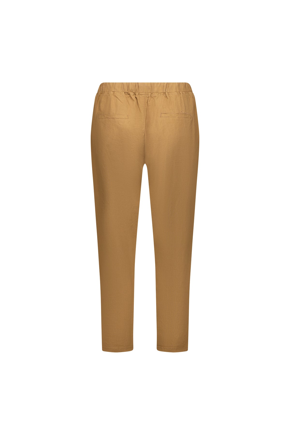 Back view of Vassalli's Getaway Pant in Caramel, featuring an elastic waist and two back welt pockets in a straight-leg fit, shown against a white background.