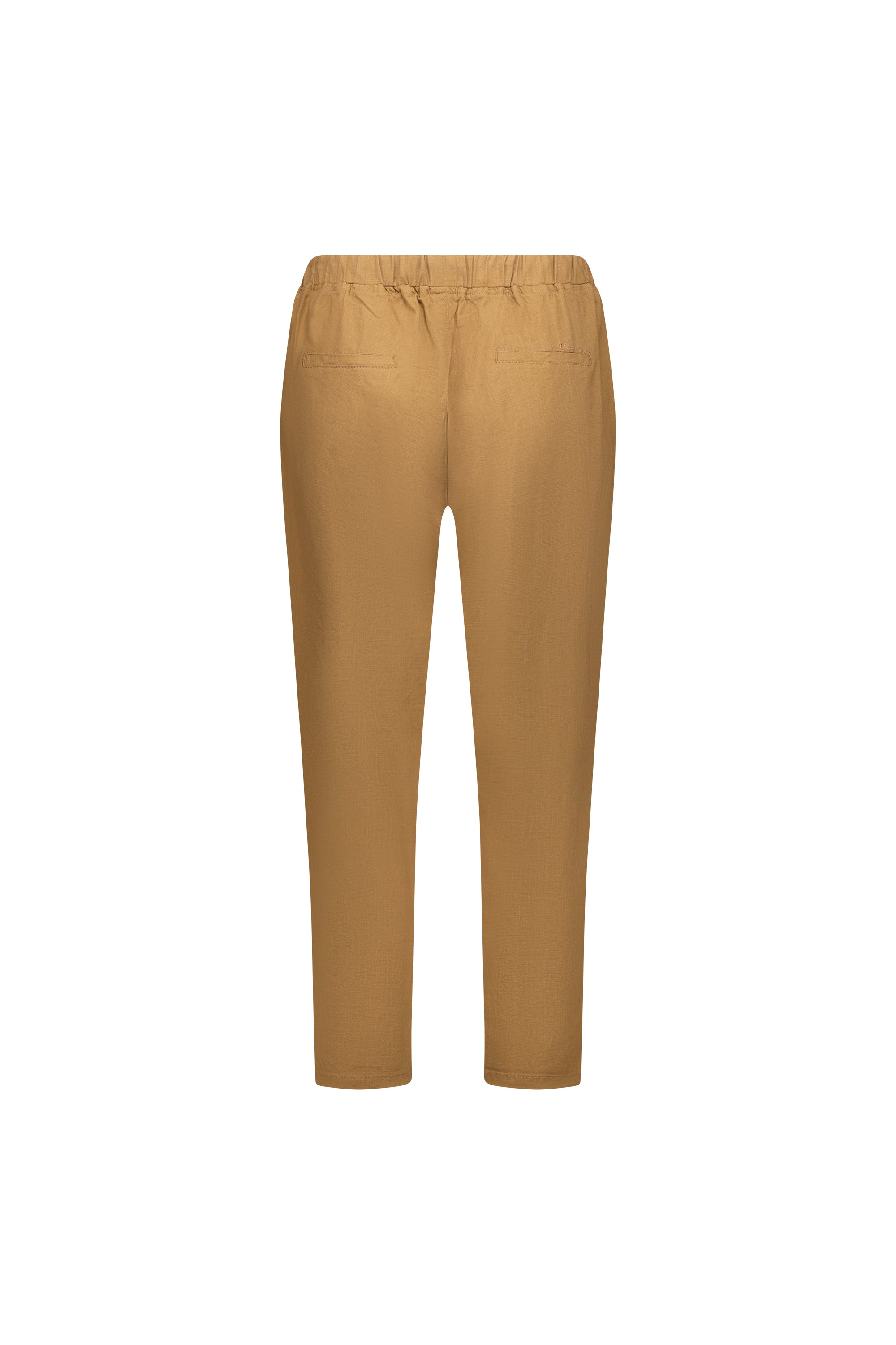 Back view of Vassalli's Getaway Pant in Caramel, featuring an elastic waist and two back welt pockets in a straight-leg fit, shown against a white background.