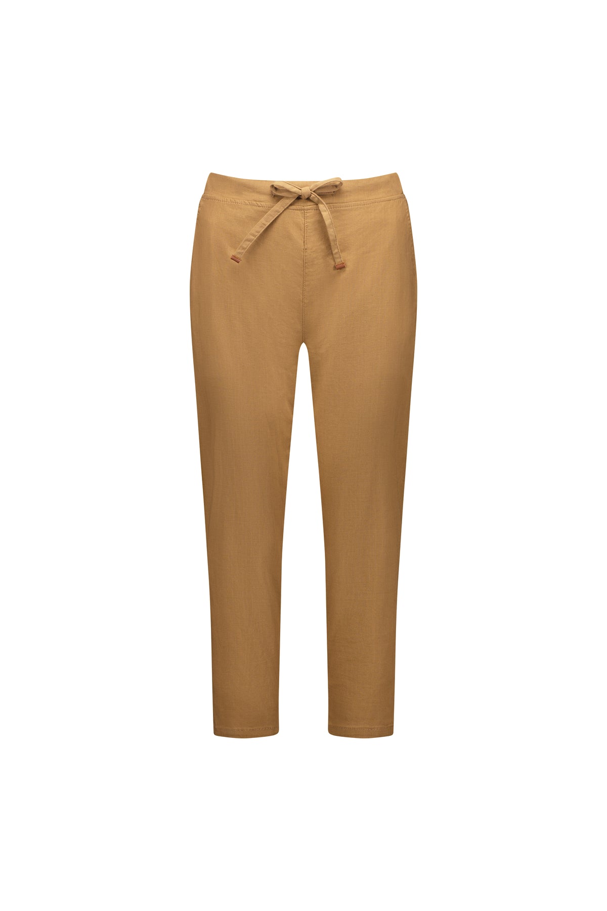 Vassalli's Getaway Pant in Caramel is an ankle-length, relaxed-fit style with a drawstring and elastic waist for comfort. Shown against a white background, these pants are crafted from lightweight fabric.