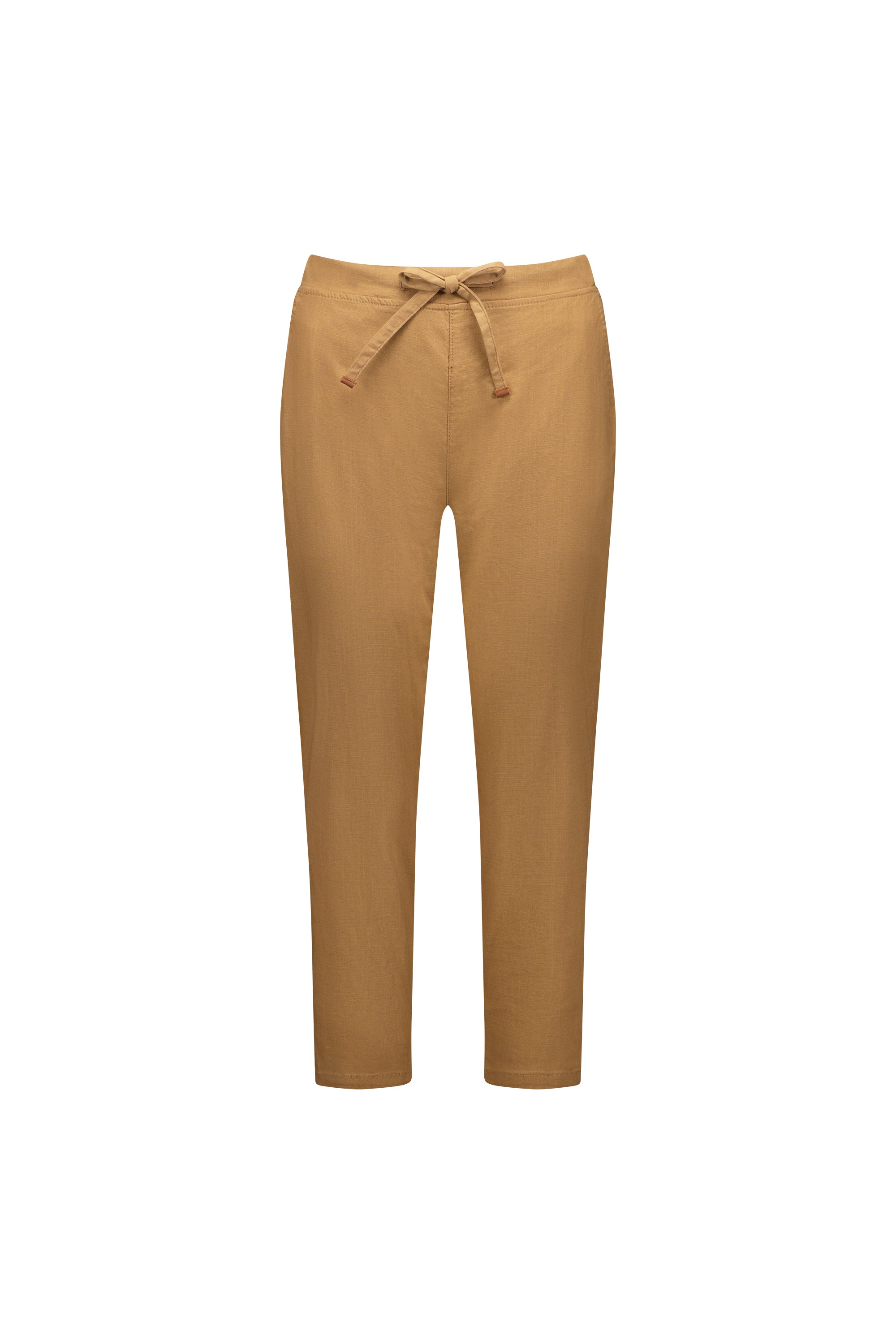 Vassalli's Getaway Pant in Caramel is an ankle-length, relaxed-fit style with a drawstring and elastic waist for comfort. Shown against a white background, these pants are crafted from lightweight fabric.