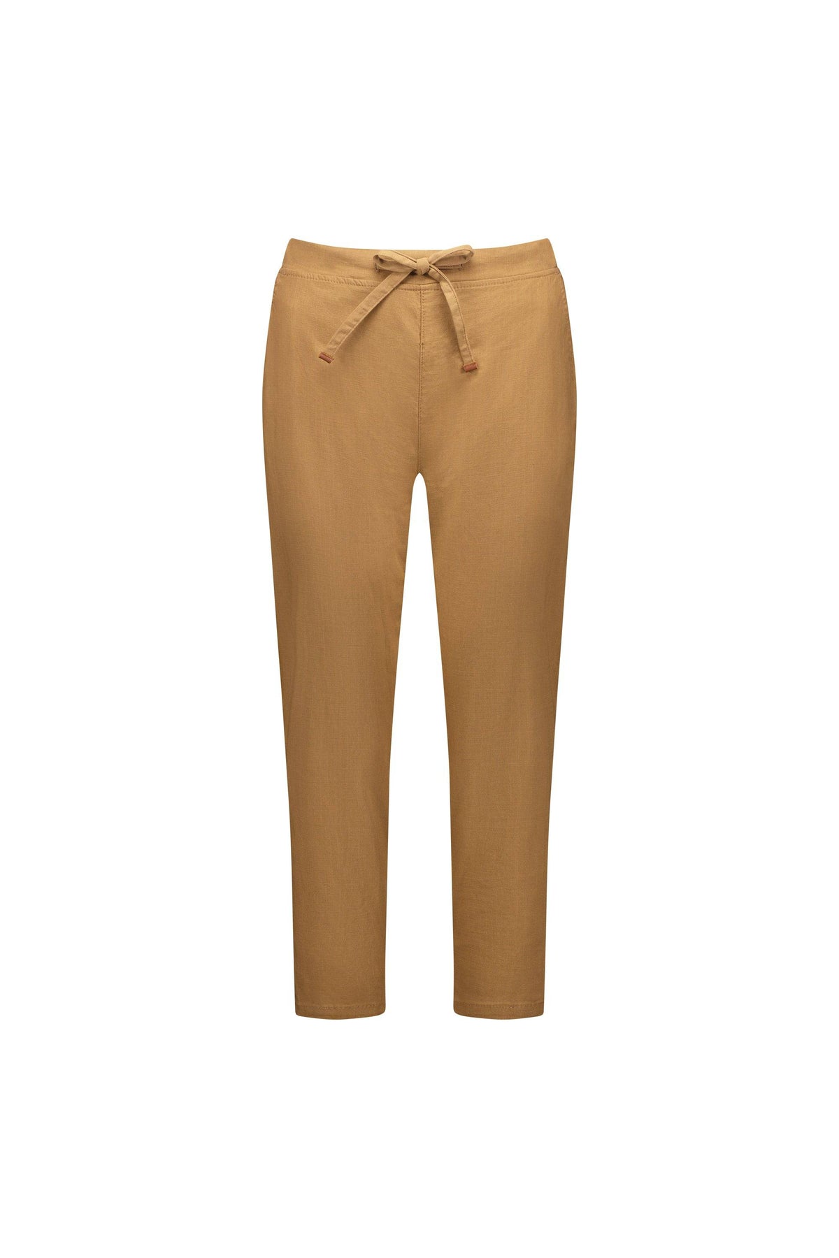 The Vassalli Leonie 7/8 Pant in Caramel is shown against a white background. These relaxed fit pants feature a drawstring elastic waistband and have an effortlessly casual style, with no visible pockets or embellishments.