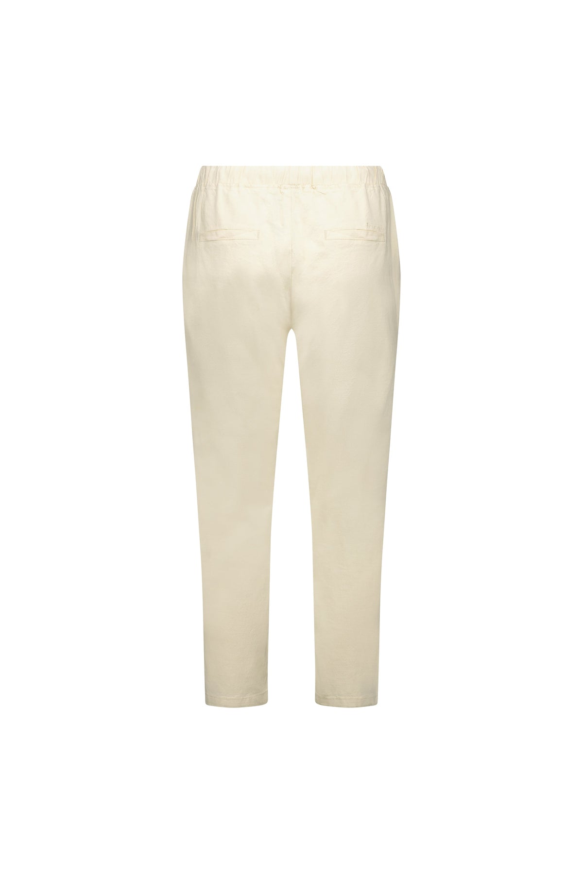 Back view of Vassalli Denver 7/8 Pant in Ecru, featuring a straight-leg cut, elastic waistband, and two back welt pockets, shown against a white background.