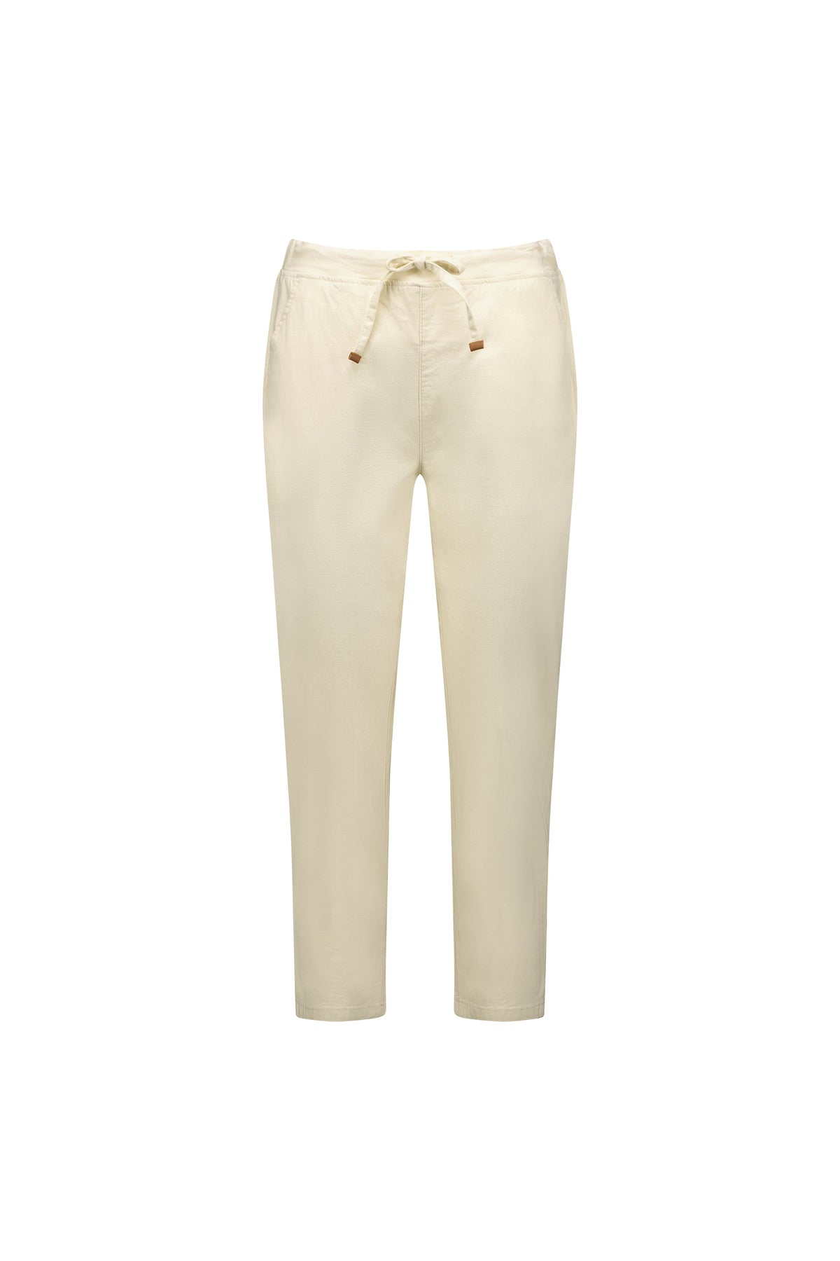 Vassalli Denver 7/8 Pant in ecru, featuring a drawstring elastic waist, side pockets, and a skinny leg fit, shown on a white background.