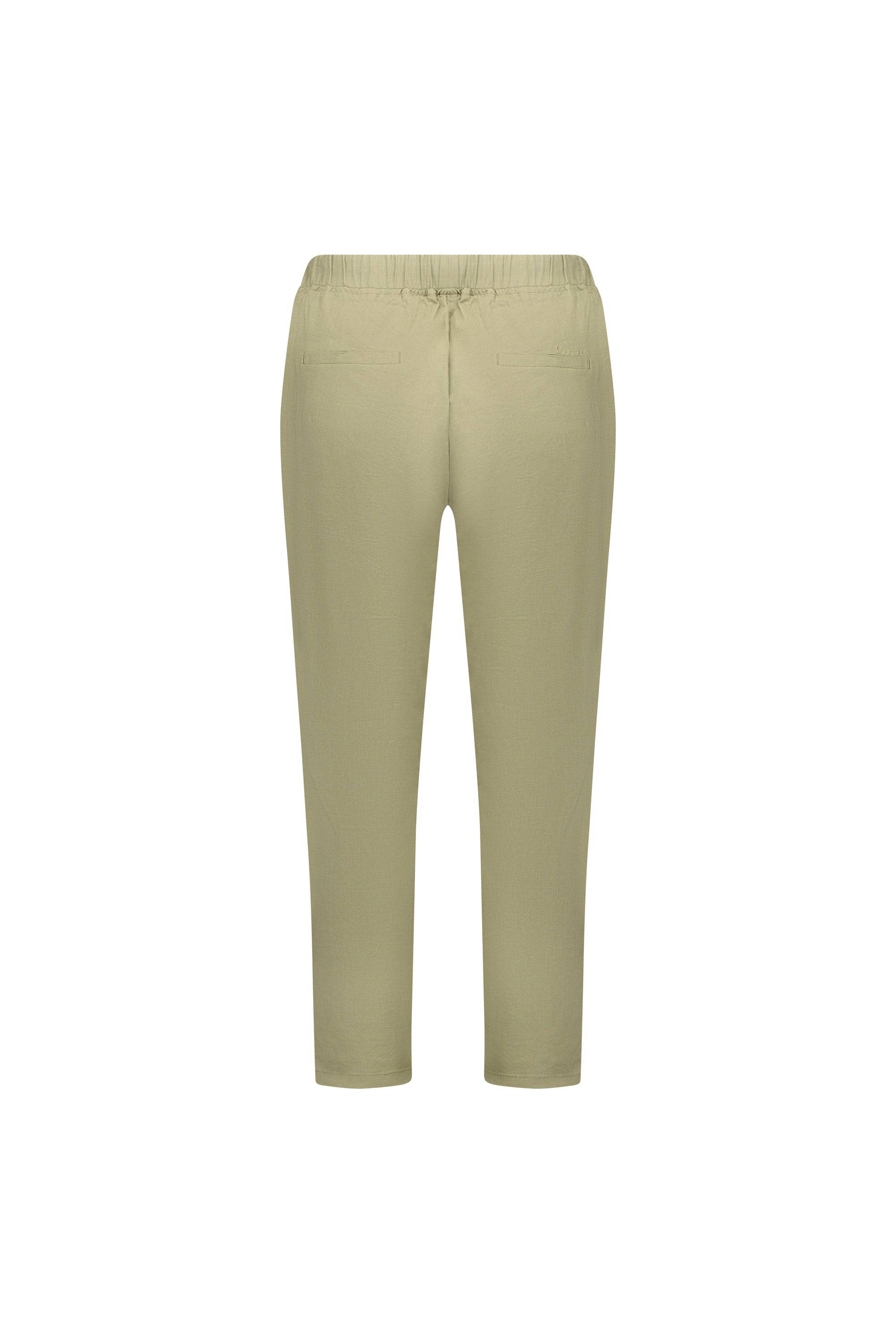 Back view of Vassalli Denver 7/8 Pant in Sage, featuring an elastic waistband, drawstring, and two back pockets in stretch fabric, shown on a plain white background.