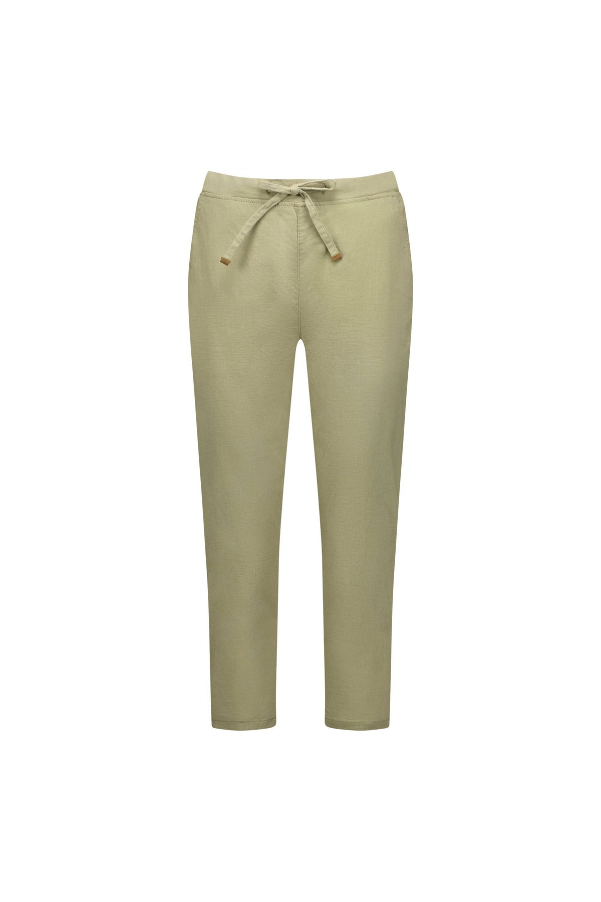The Vassalli Denver 7/8 Pant in Sage features a relaxed fit, elastic waistband, and straight legs in comfy stretch fabric—an easy alternative to classic elastic waist pants, shown here on a plain white background.
