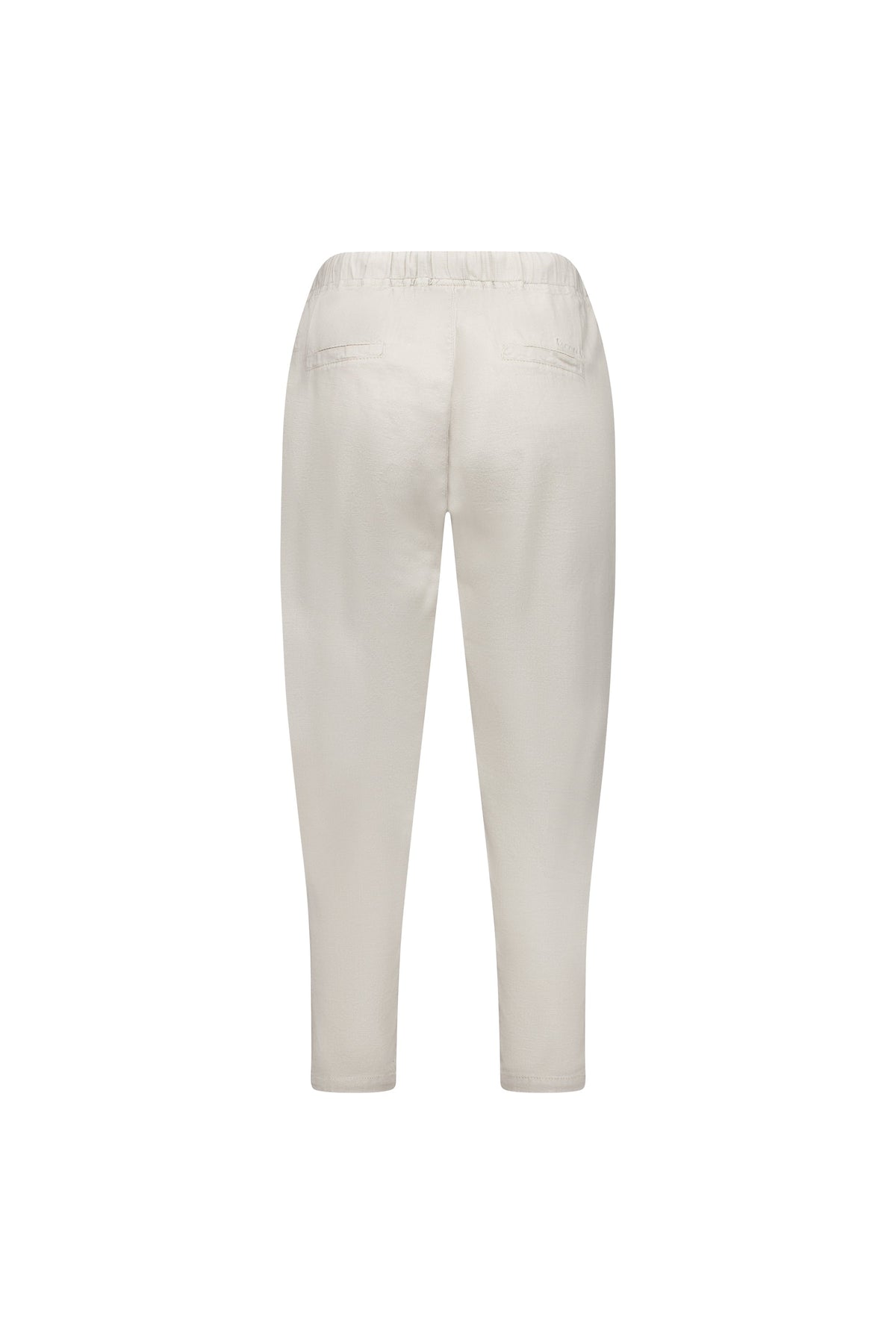 Back view of the Vassalli Denver 7/8 Pant in Stone, an off-white, ankle-length cotton blend with elastic waistband, two welt pockets, skinny leg, relaxed fit and a minimalist design.