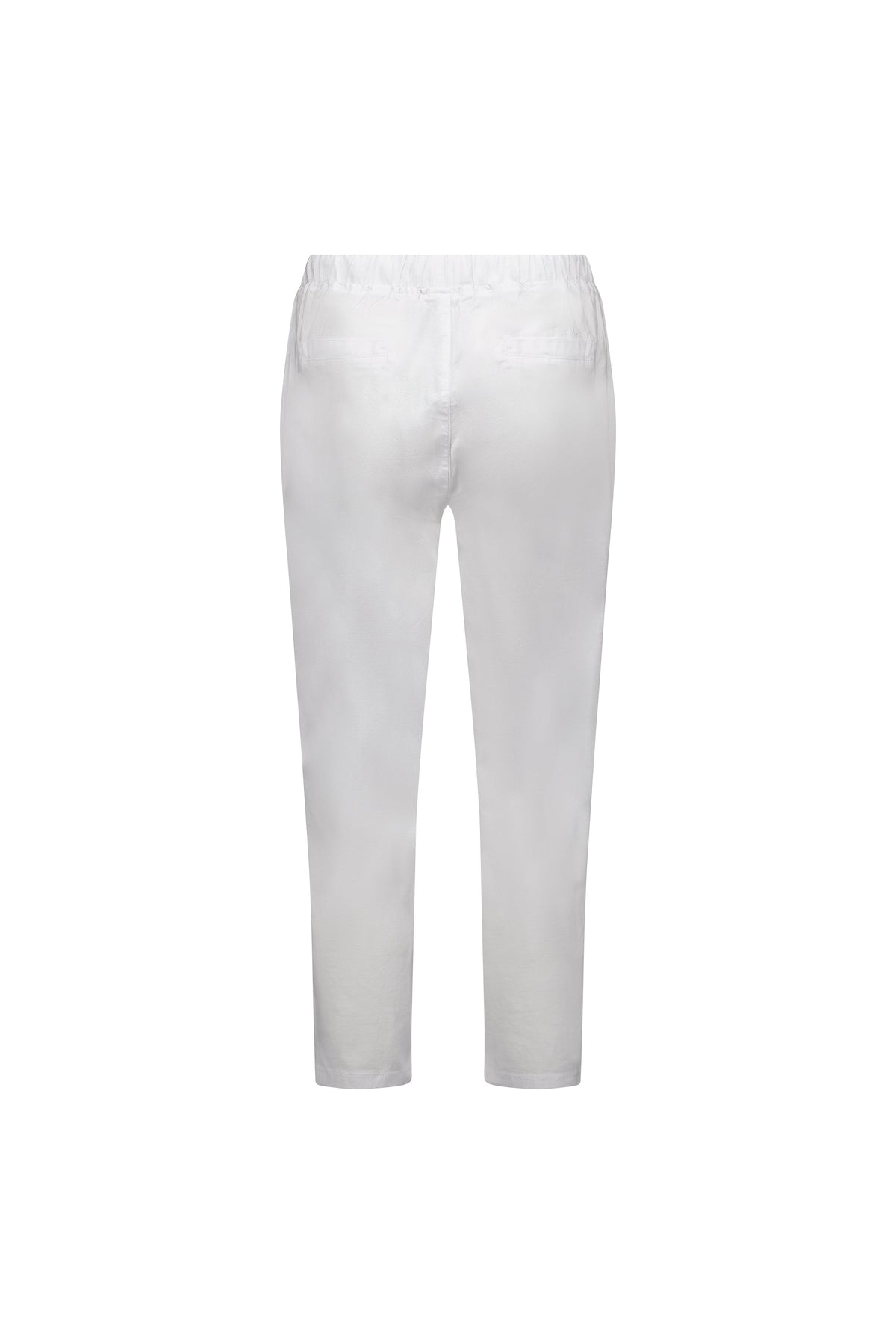 Back view of Vassalli Denver 7/8 Pant in white, featuring a straight-leg cotton blend, elastic waistband, and two back pockets, displayed on a plain white background.