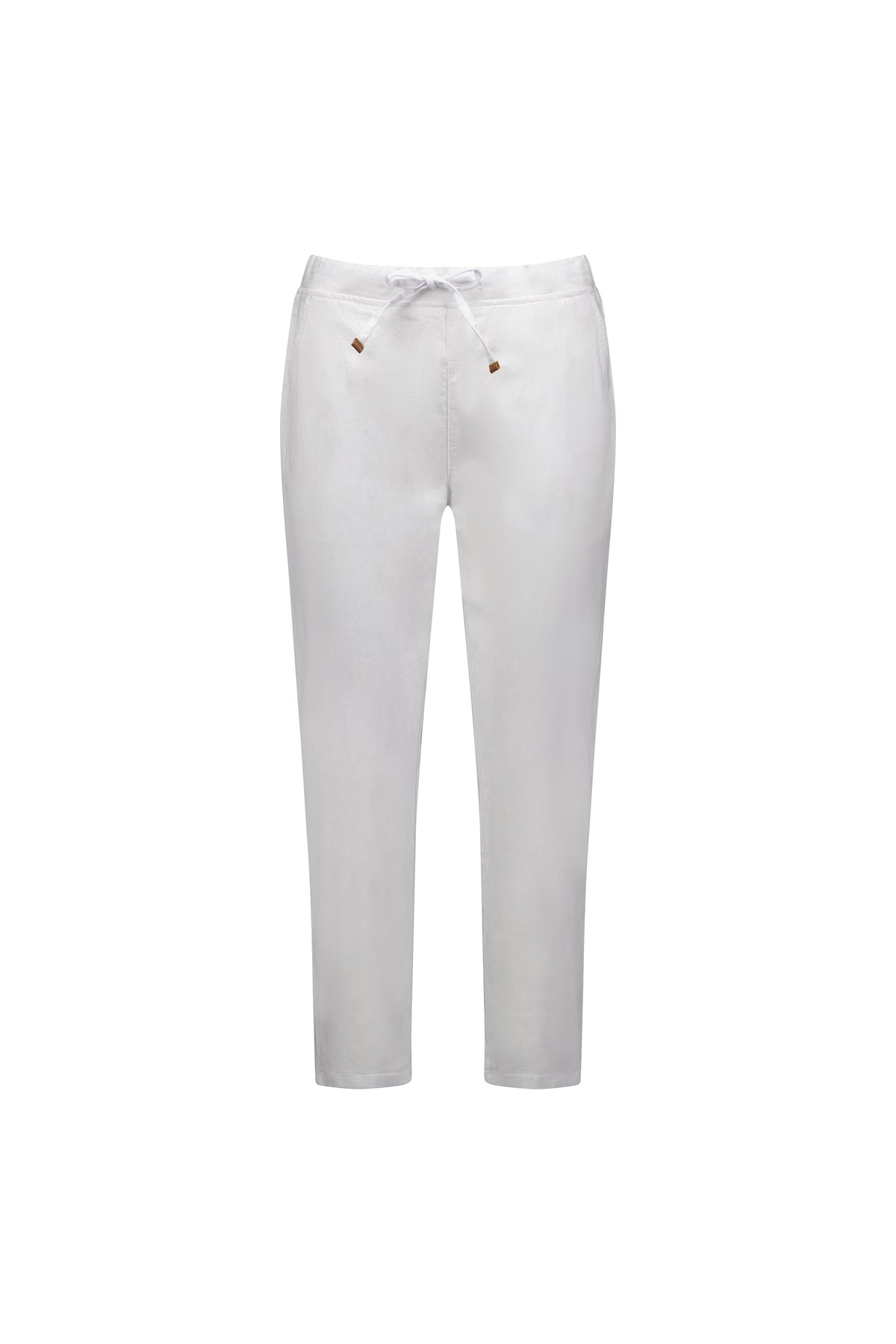 The Vassalli Denver 7/8 Pant in white features a relaxed fit, soft cotton-blend fabric, side pockets, elastic waistband, and tapered legs, shown against a plain white background.