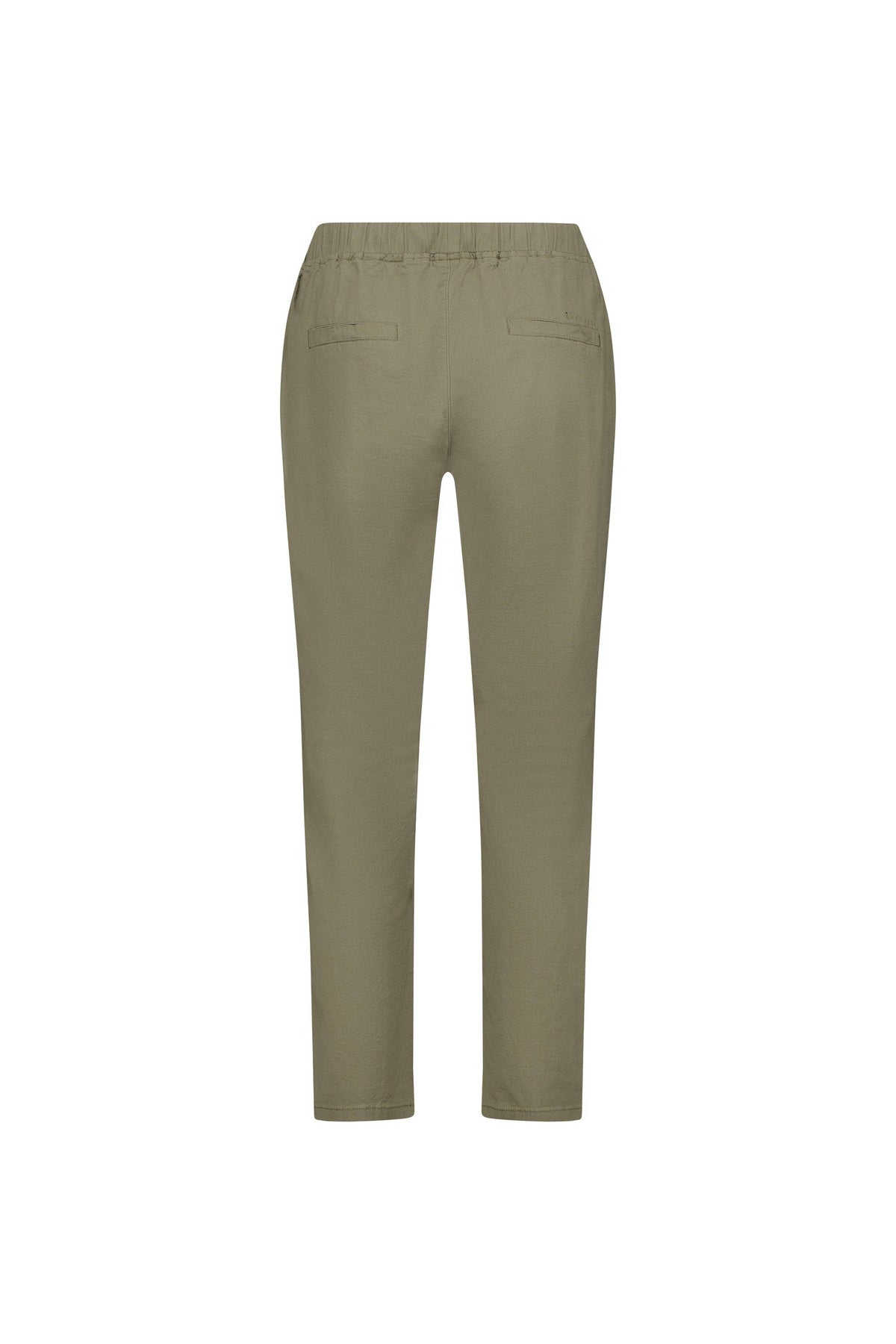 Back view of Vassalli's Leonie 7/8 Pant in Army, featuring an elastic waistband and two back welt pockets, made from stretch fabric, shown on a white background.