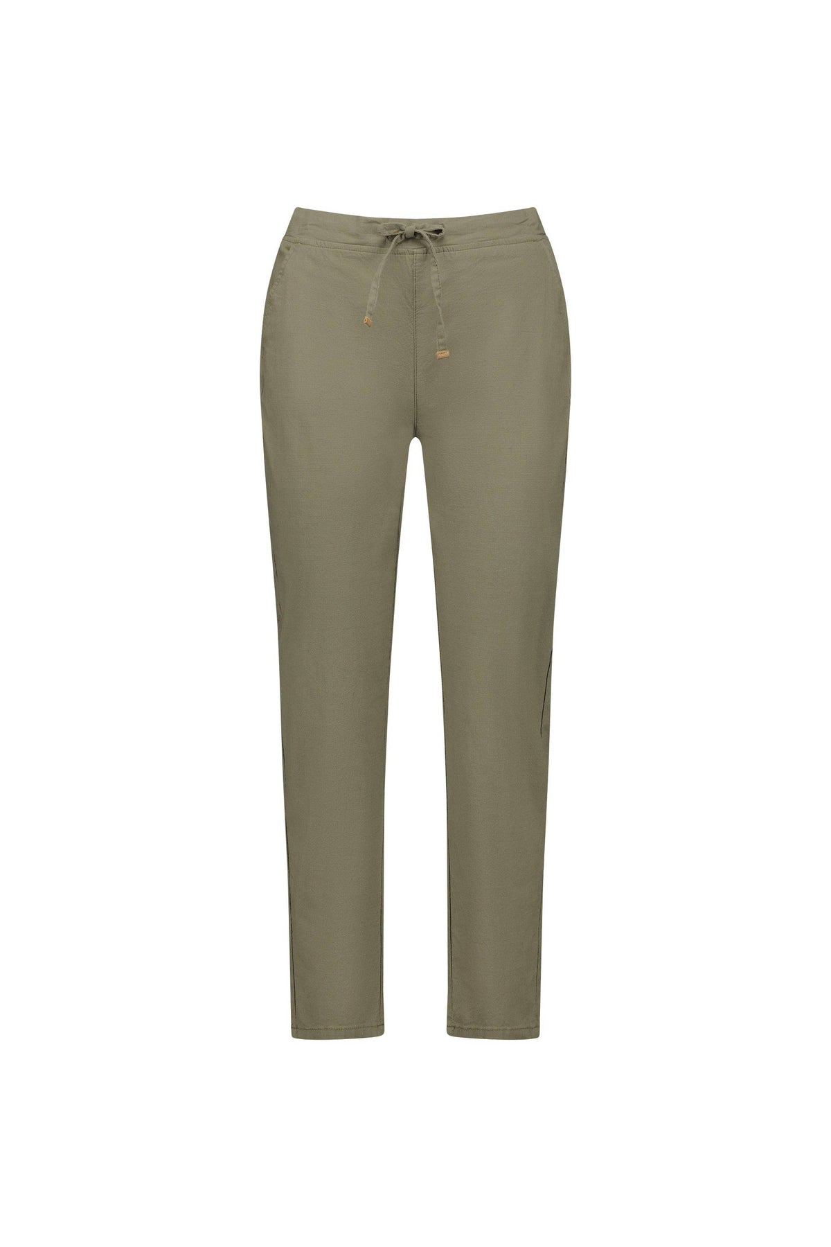 The Vassalli Leonie 7/8 Pant in Army features a slim leg, drawstring waist, front pockets, tapered ankle-grazer cut, and comfortable stretch fabric, shown against a white background.