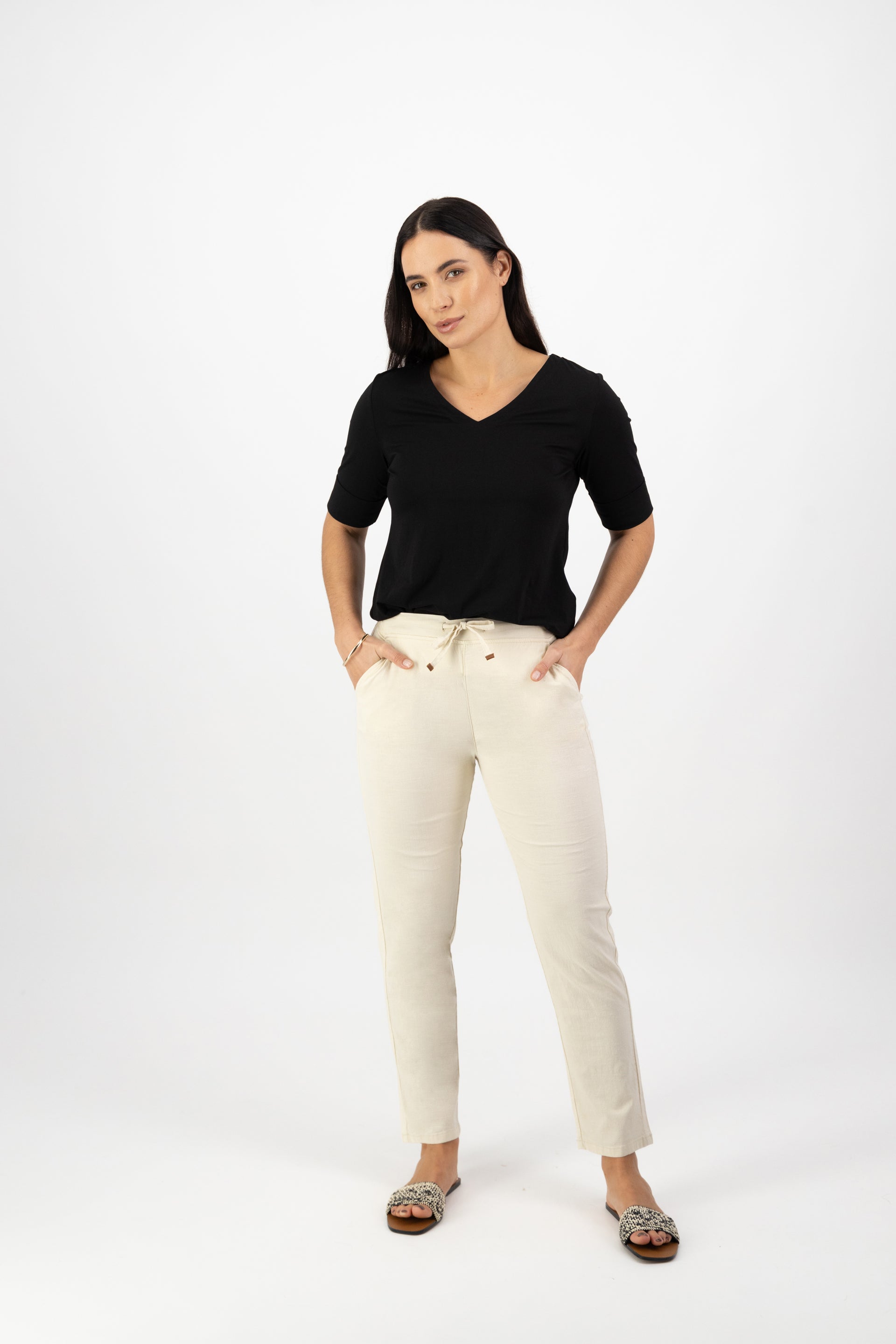 5791 Ecru - Ankle Grazer Slim Leg Elastic Waist Pant - Vassalli
