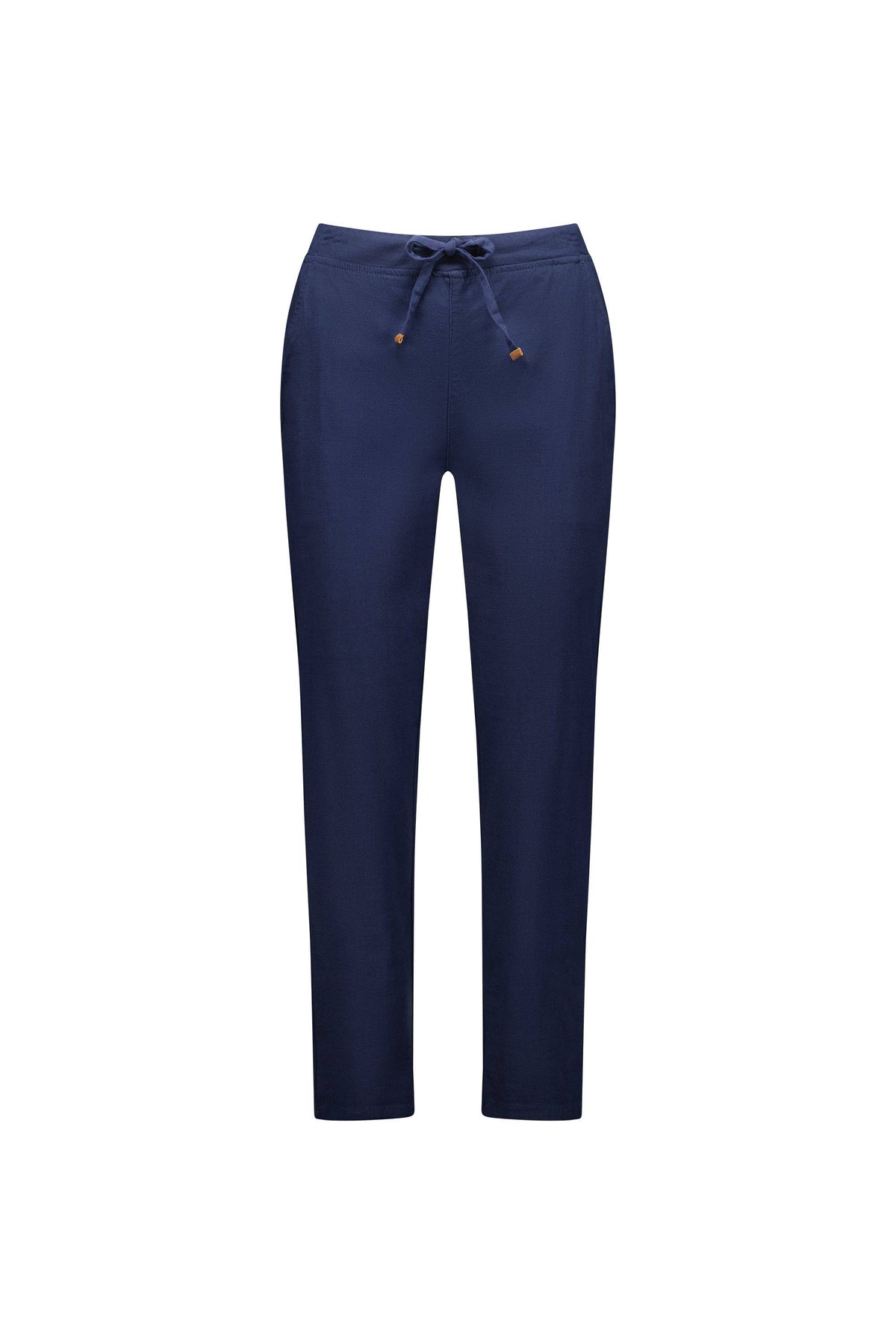 The Vassalli Leonie 7/8 Pant in Ink features a straight leg, drawstring waist, and two front pockets. Made from comfortable stretch fabric, these ankle-grazer pants are shown on a white background.
