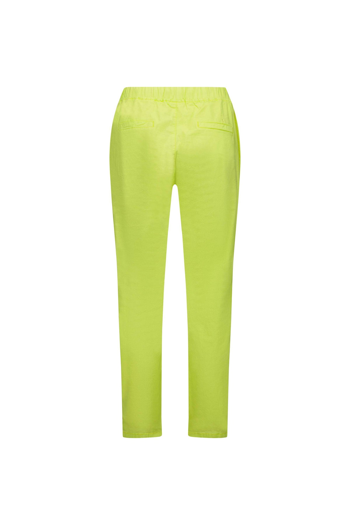 The Vassalli Leonie Pant in Lime features a bright yellow-green hue, an elastic waistband, and two back welt pockets. These slim leg ankle grazer pants are displayed on a plain white background and shown from the back.
