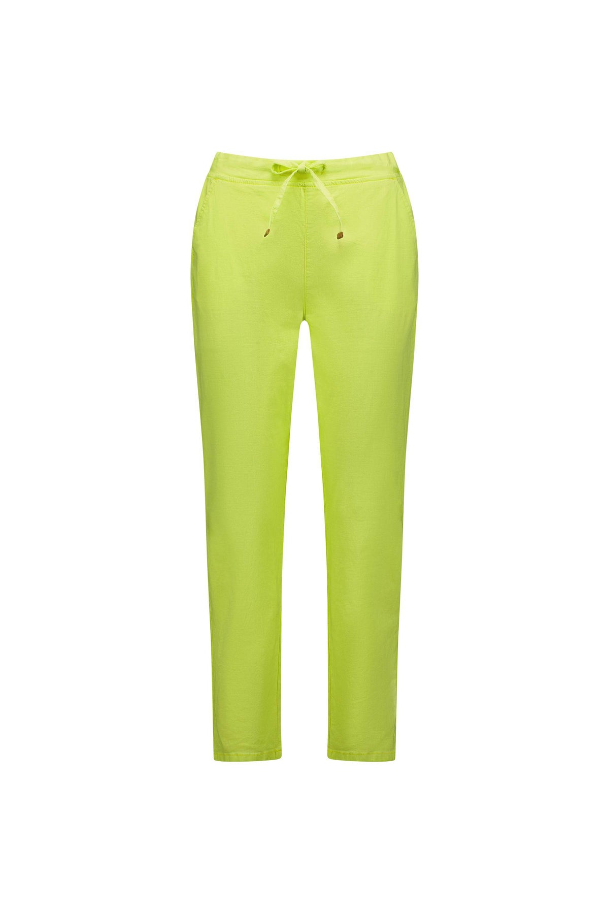 The Leonie Pant - Lime by Vassalli features a bright yellow-green color, an elastic waist with drawstring, a slim leg design, and two side pockets, displayed on a plain white background.