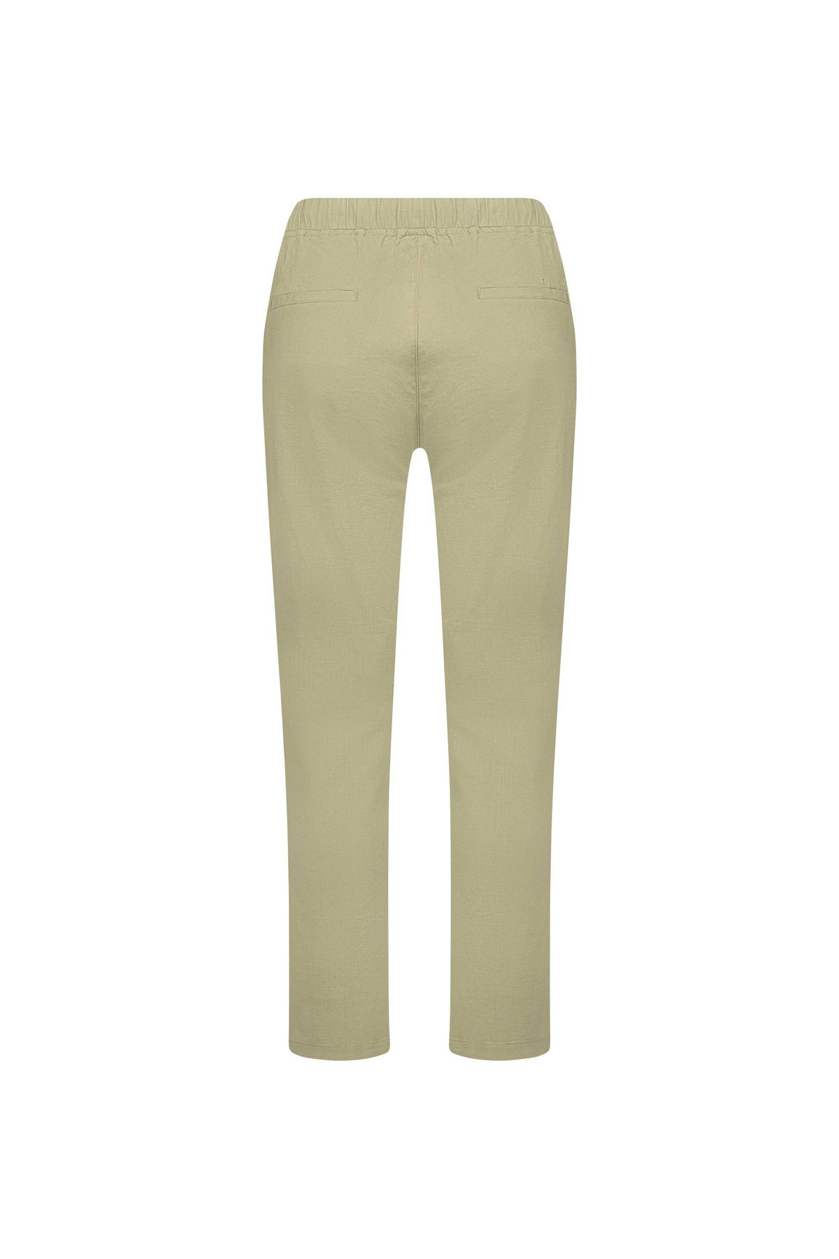 Sage Vassalli Leonie Pant shown from the back, featuring an elastic waistband and two welt pocket details. Crafted from stretch fabric, these slim leg elastic waist pants are displayed on a plain white background.