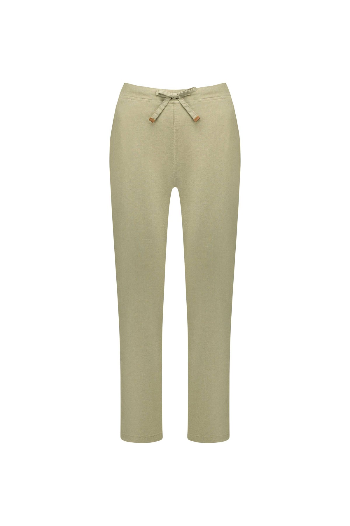 The Vassalli Leonie Pant in Sage is a light olive green linen ankle grazer featuring a drawstring waist, straight legs, and no visible pockets, shown against a plain white background.