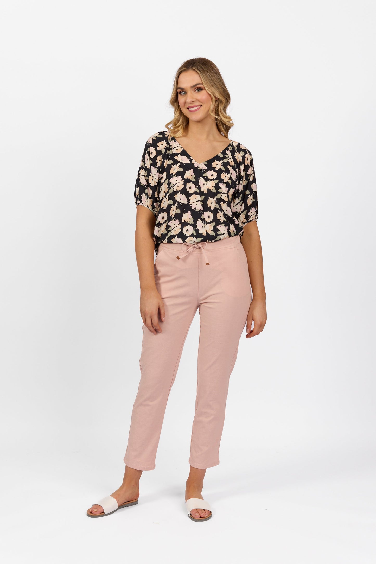 5791 Soft Pink - Ankle Grazer Slim Leg Elastic Waist Pant - Vassalli