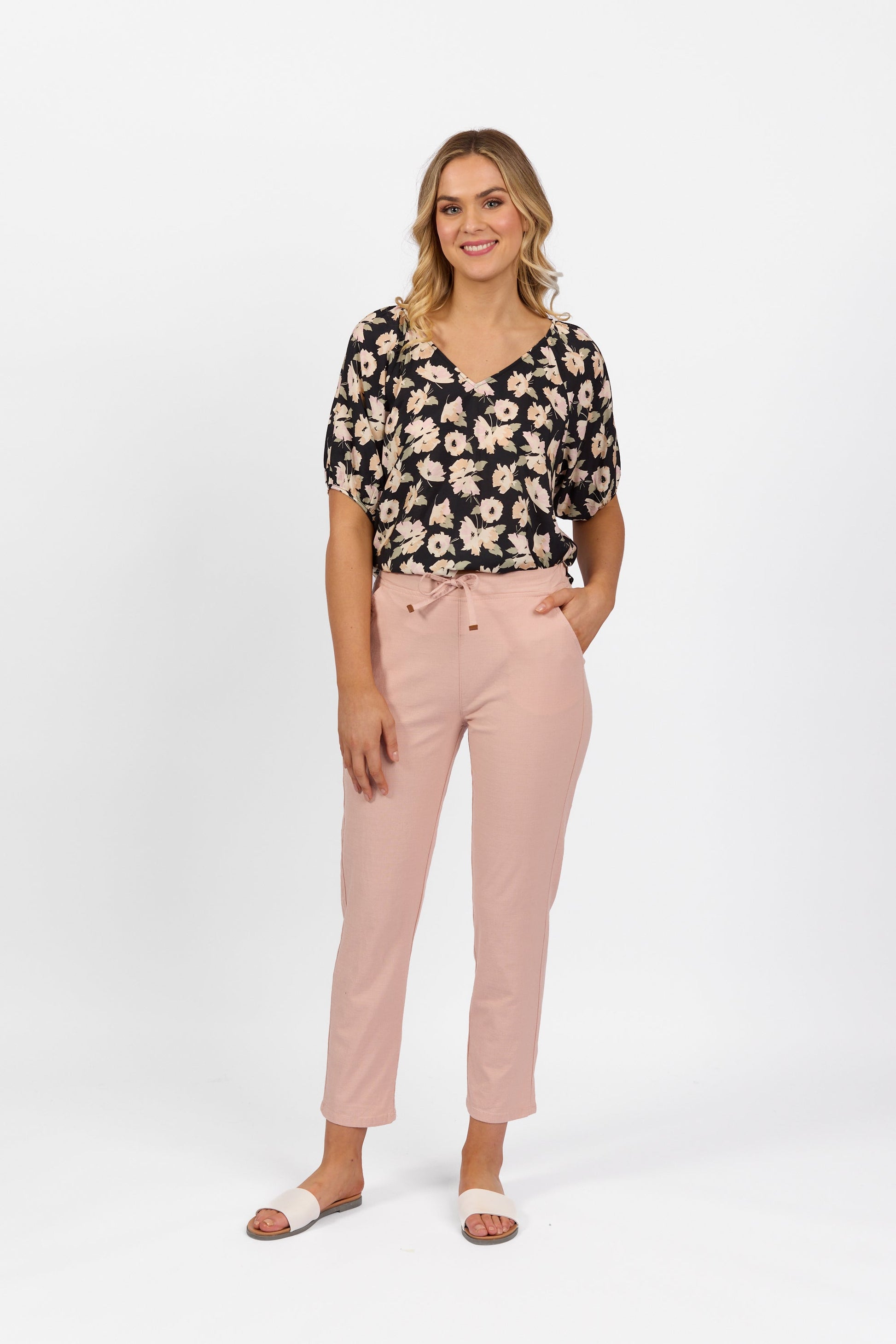 5791 Soft Pink - Ankle Grazer Slim Leg Elastic Waist Pant - Vassalli