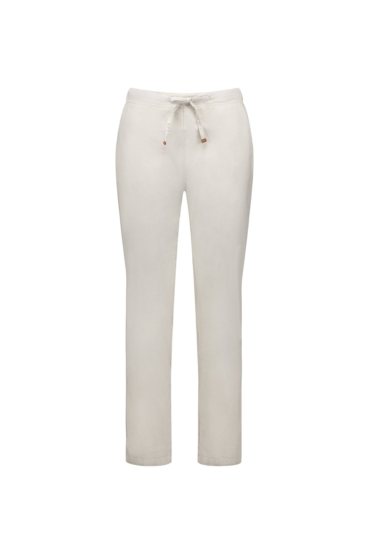 The Vassalli Leonie 7/8 Pant in Stone features a light beige hue, straight-leg cut, stretch fabric, and drawstring waistband. These ankle-grazer pants are showcased against a plain white background.