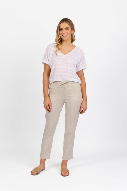5791 Stone - Ankle Grazer Slim Leg Elastic Waist Pant - Vassalli