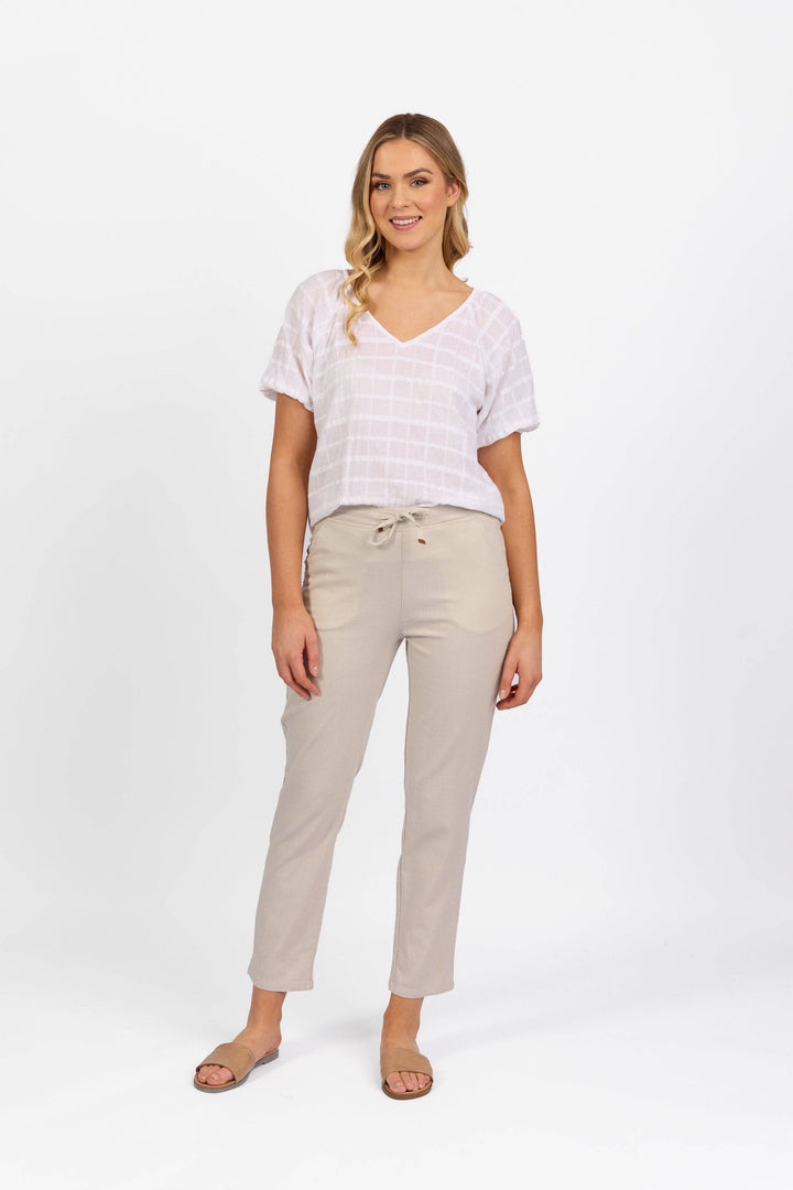 5791 Stone - Ankle Grazer Slim Leg Elastic Waist Pant - Vassalli
