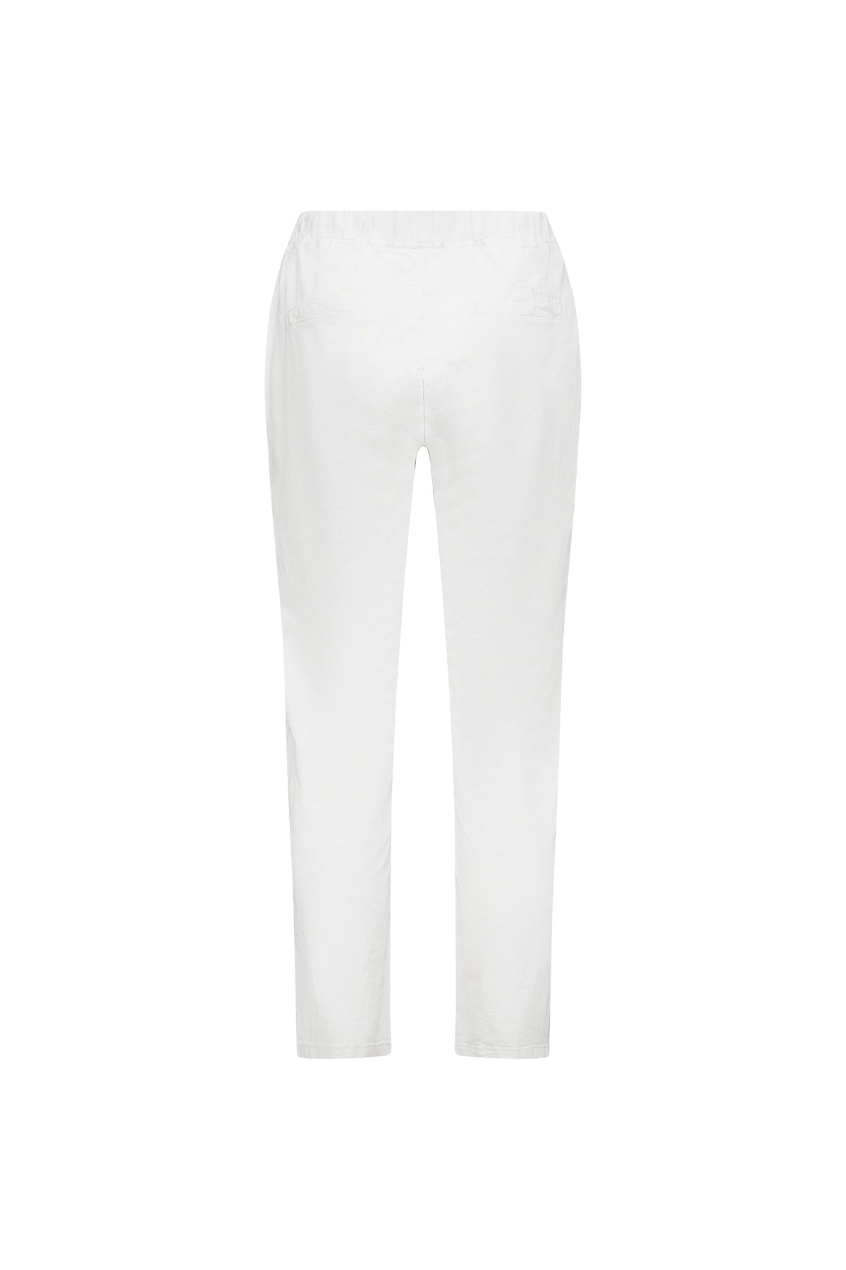 Back view of the Vassalli Leonie 7/8 Pant in white, featuring a slim leg, elastic waistband, and straight legs crafted from stretch fabric for comfort, shown on a white background.