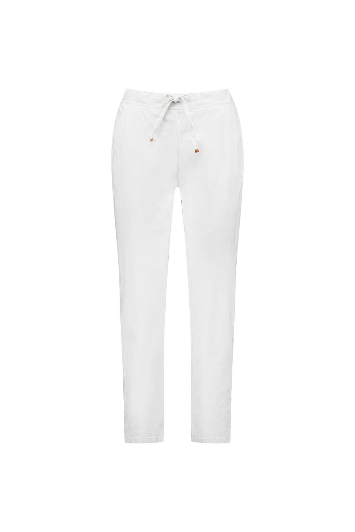 The Vassalli Leonie 7/8 Pant in white features a slim leg, stretch fabric, elastic waistband with drawstring, and practical side pockets, shown against a plain white background.