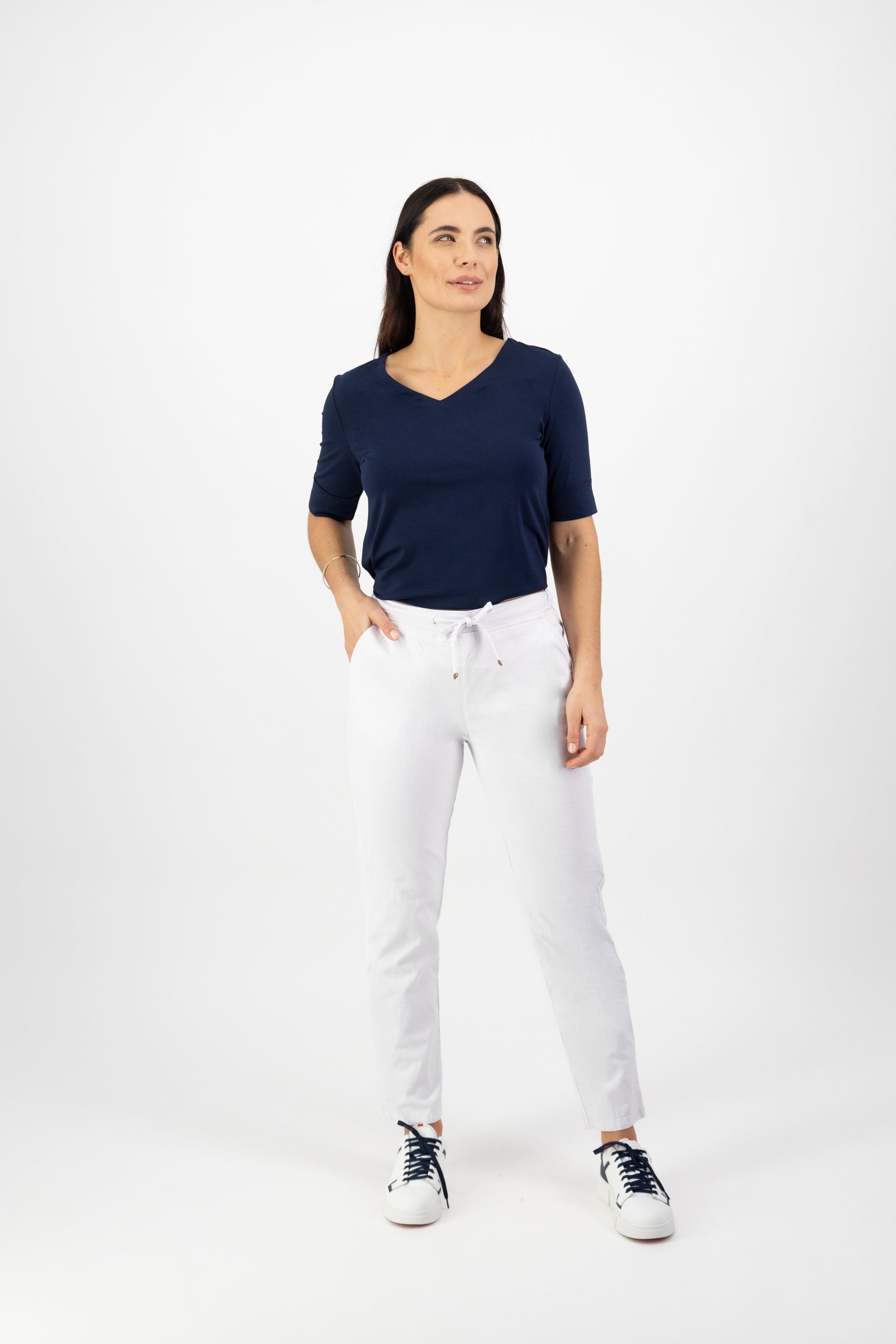 5791 White - Ankle Grazer Slim Leg Elastic Waist Pant - Vassalli